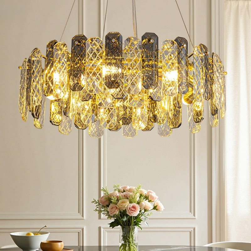 24 8 Light Modern Round Crystal Chandelier 2 Tier Clear Smoked Gray K9 Crystal Pendant Light For Dining Room Living Room