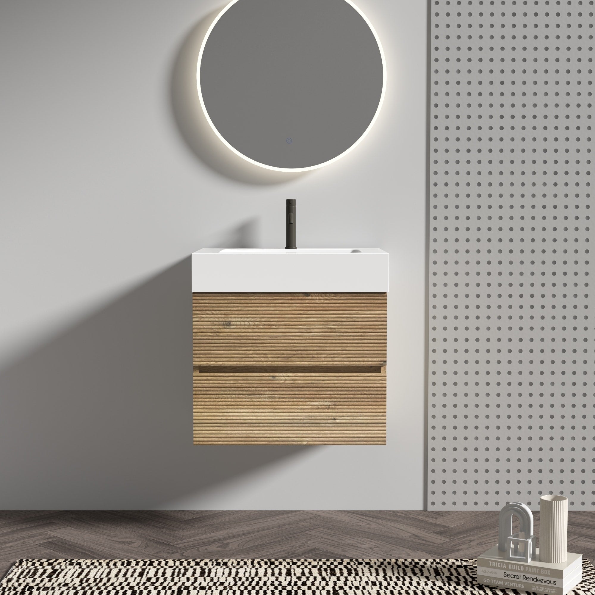 24Inch Bathroom Vanity With Glossy Engineered Quartz Sink And Soft Drawers Without Drainage And Faucet