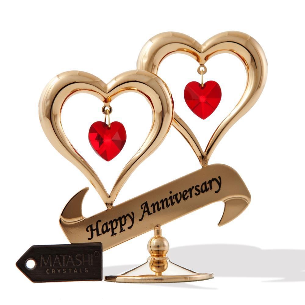 Matashi Gold Plated Red Crystal Happy Anniversary Double Heart Tabletop Ornament