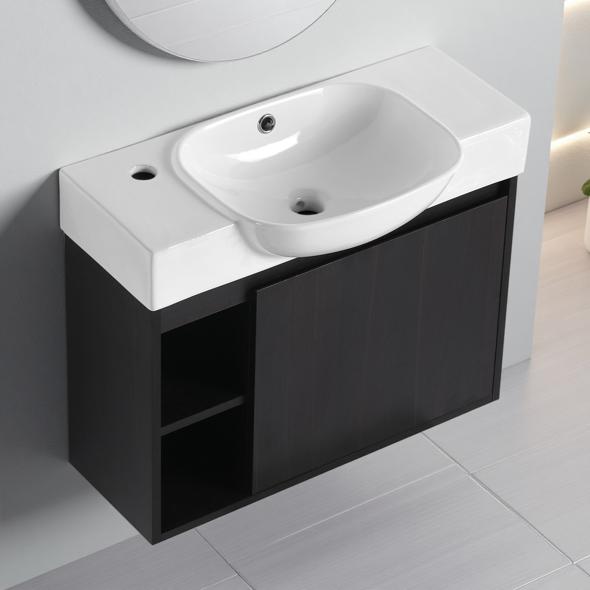 24 26 28 Plywood Water Resistant Wall Mounted Bathroom Vanity With Ceramic Sink And Soft Close Door