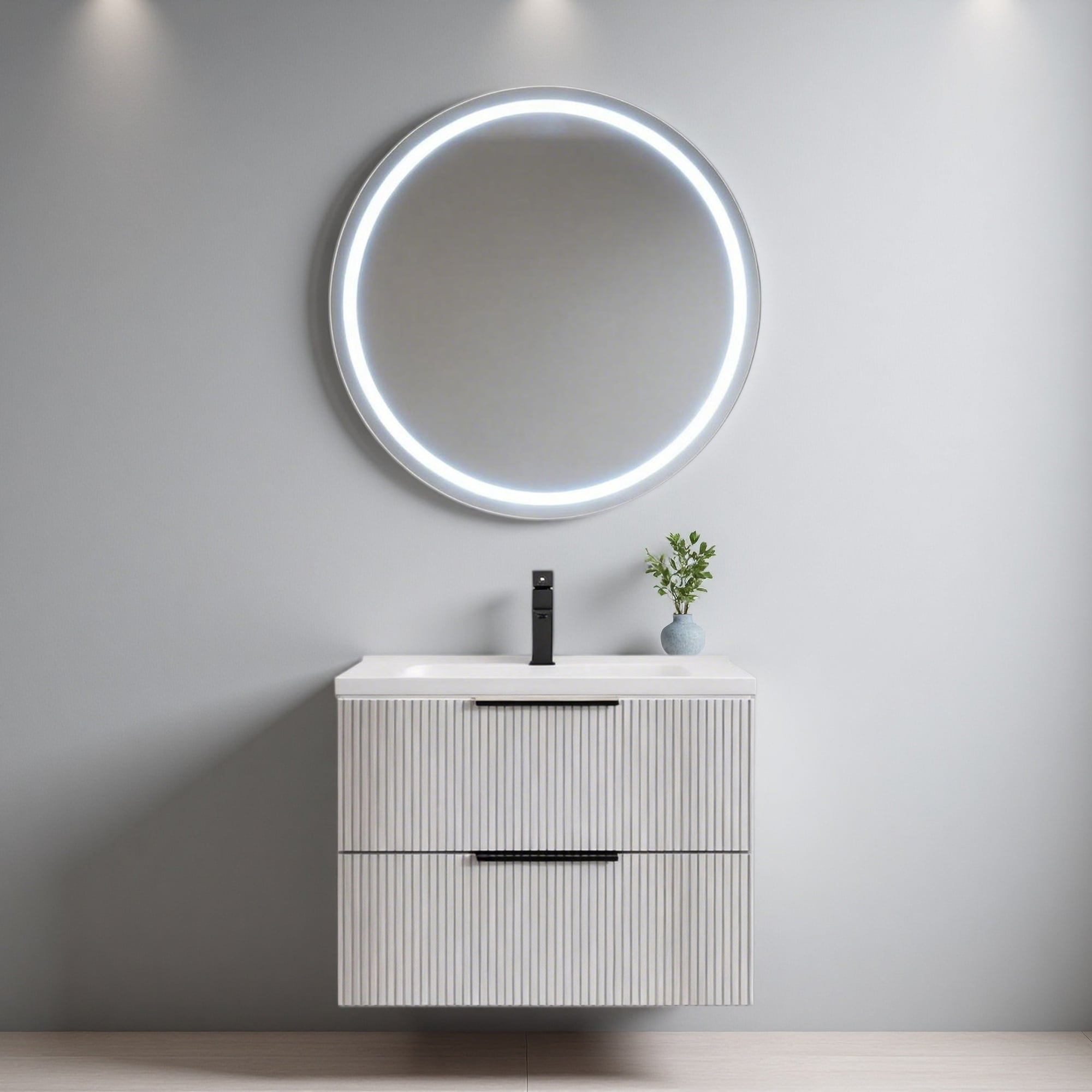 24 30 36 48 Mdf Water Resistant Wall Mounted Fluted Bathroom Vanity With Ceramic Sink And Drawers