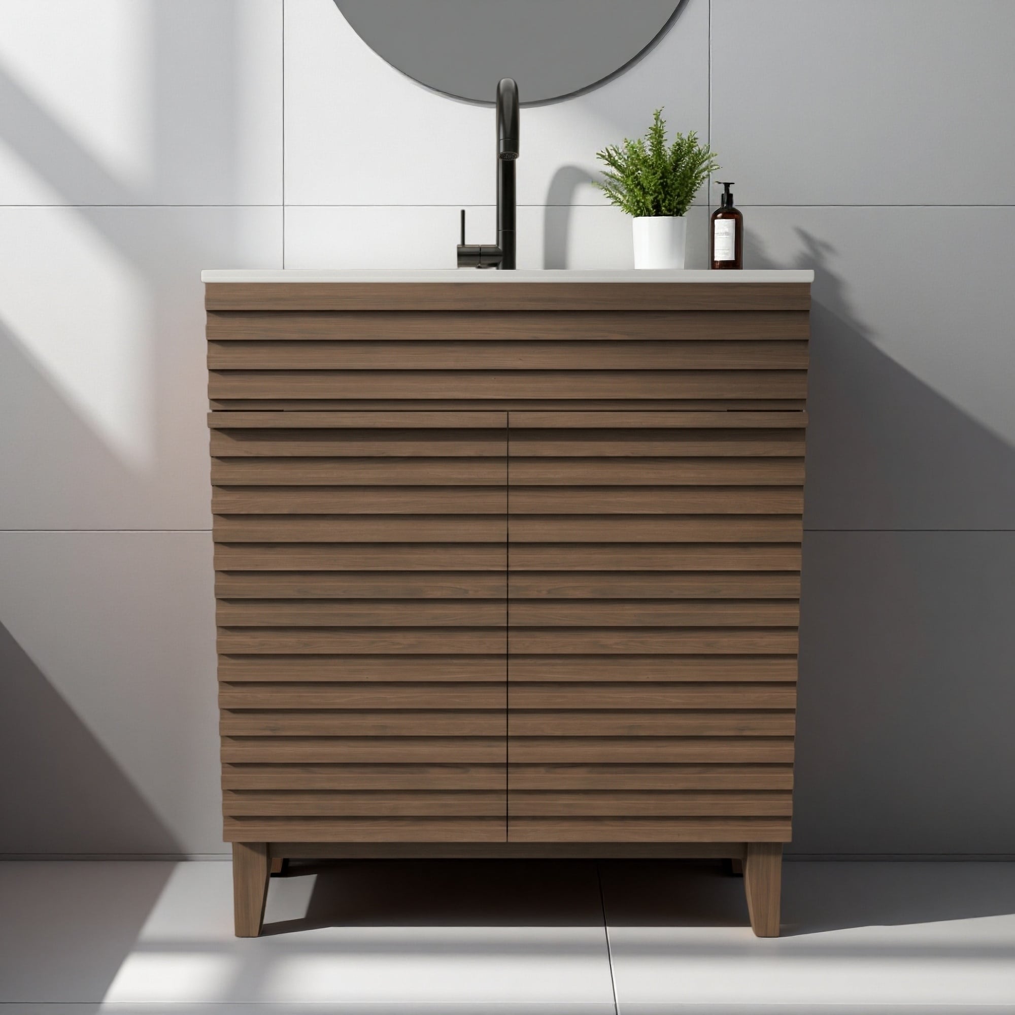 24 30 Plywood Water Resistant Freestanding Bathroom Vanity With Ceramic Basin Foldable Design And Slatted Door