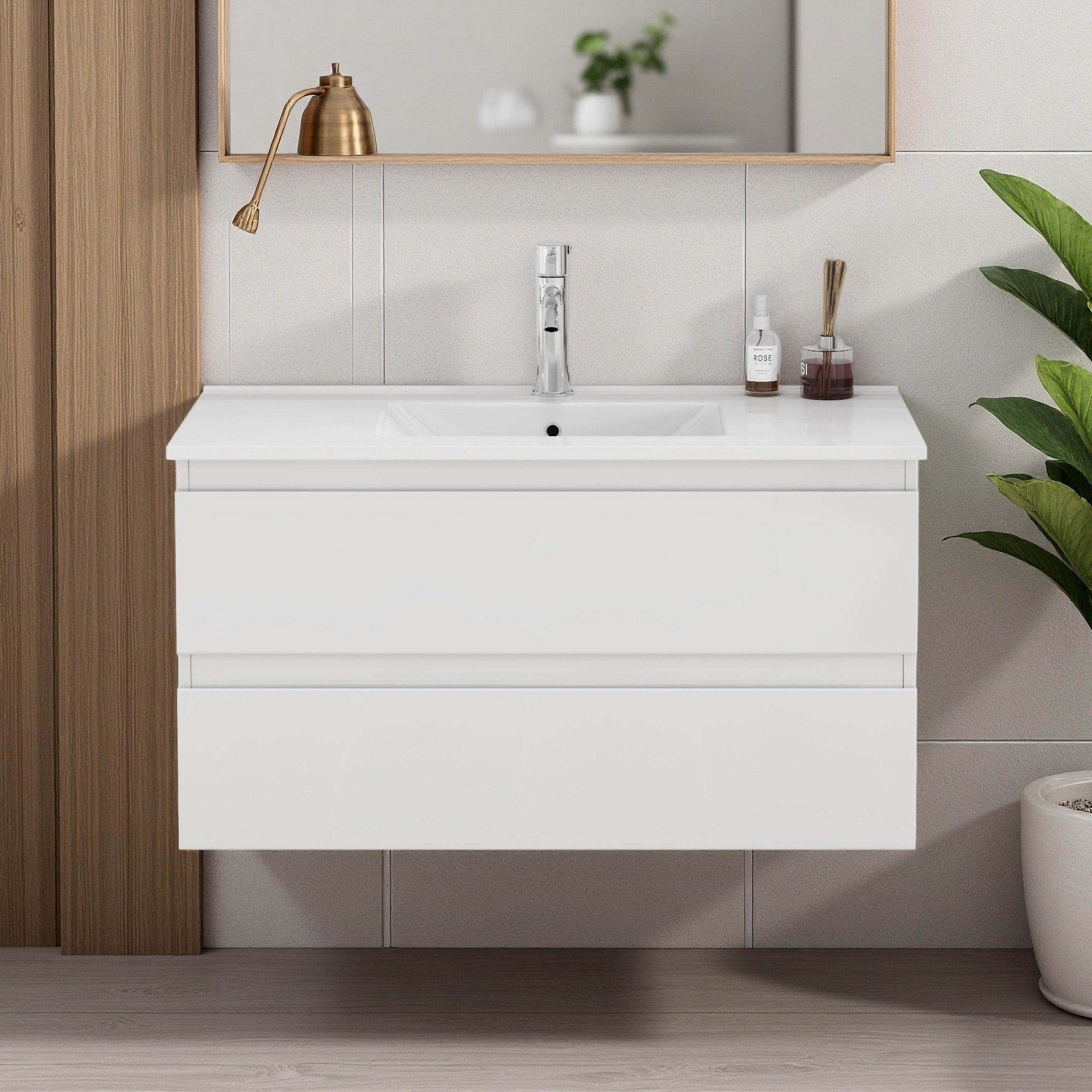 24 31.5 36 Wood Water Resistant Bathroom Vanity With 2 Big Drawers Soft Close Ceramic Sink And Handle Free Design