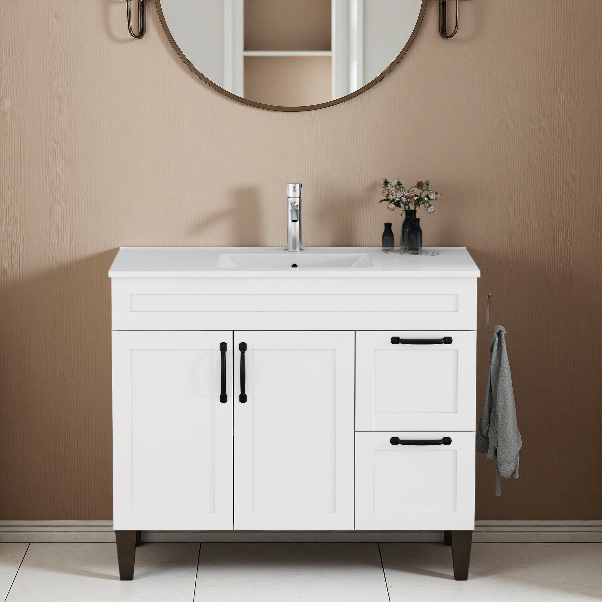24 31.5 39.4 Wood Water Resistant Freestanding Bathroom Vanity With Ceramic Sink Basin Metal Handle Feet And Soft Close