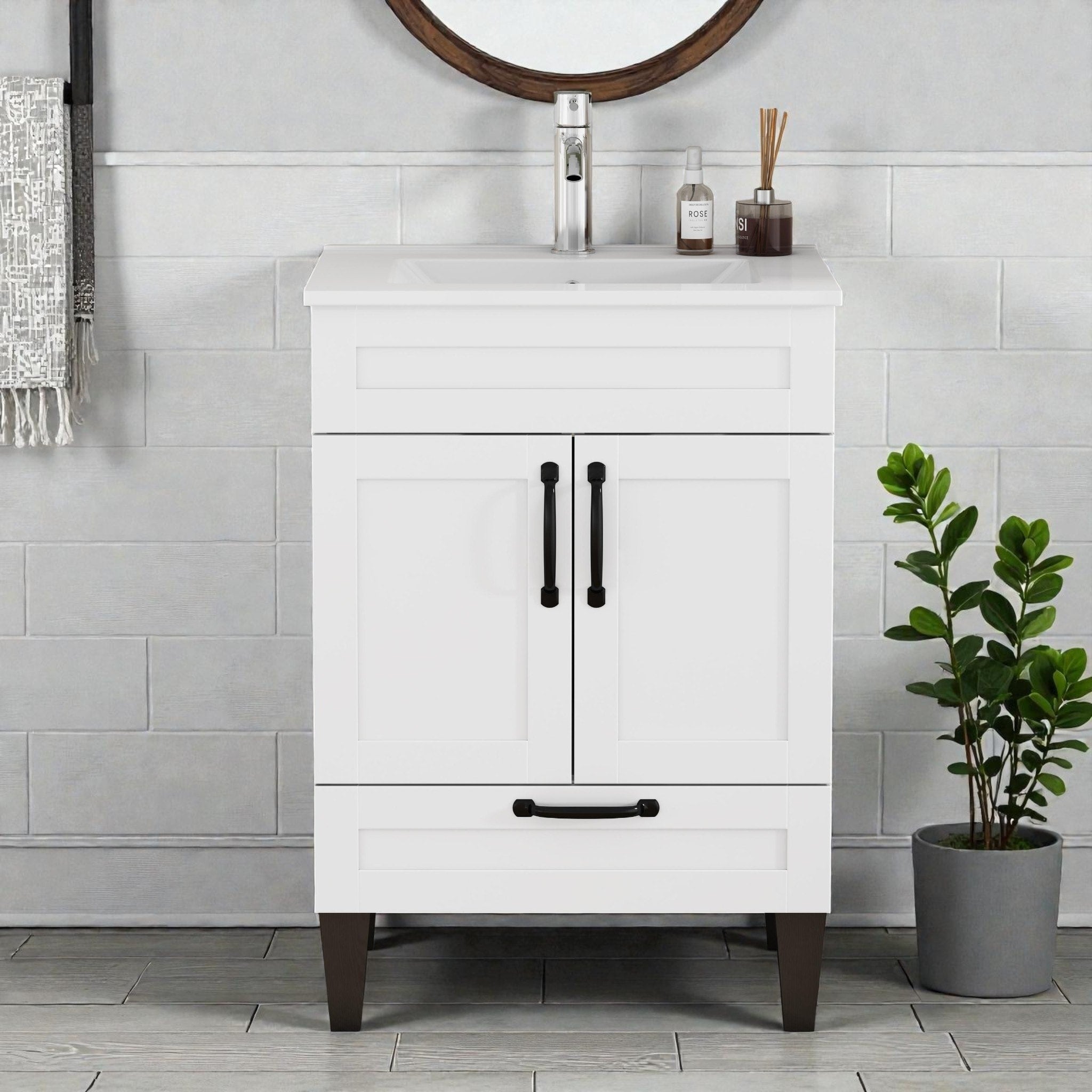 24 Bathroom Vanity Cabinet With 2 Doors And Drawers Soft Close Hinges Black Metal Handles And Feet