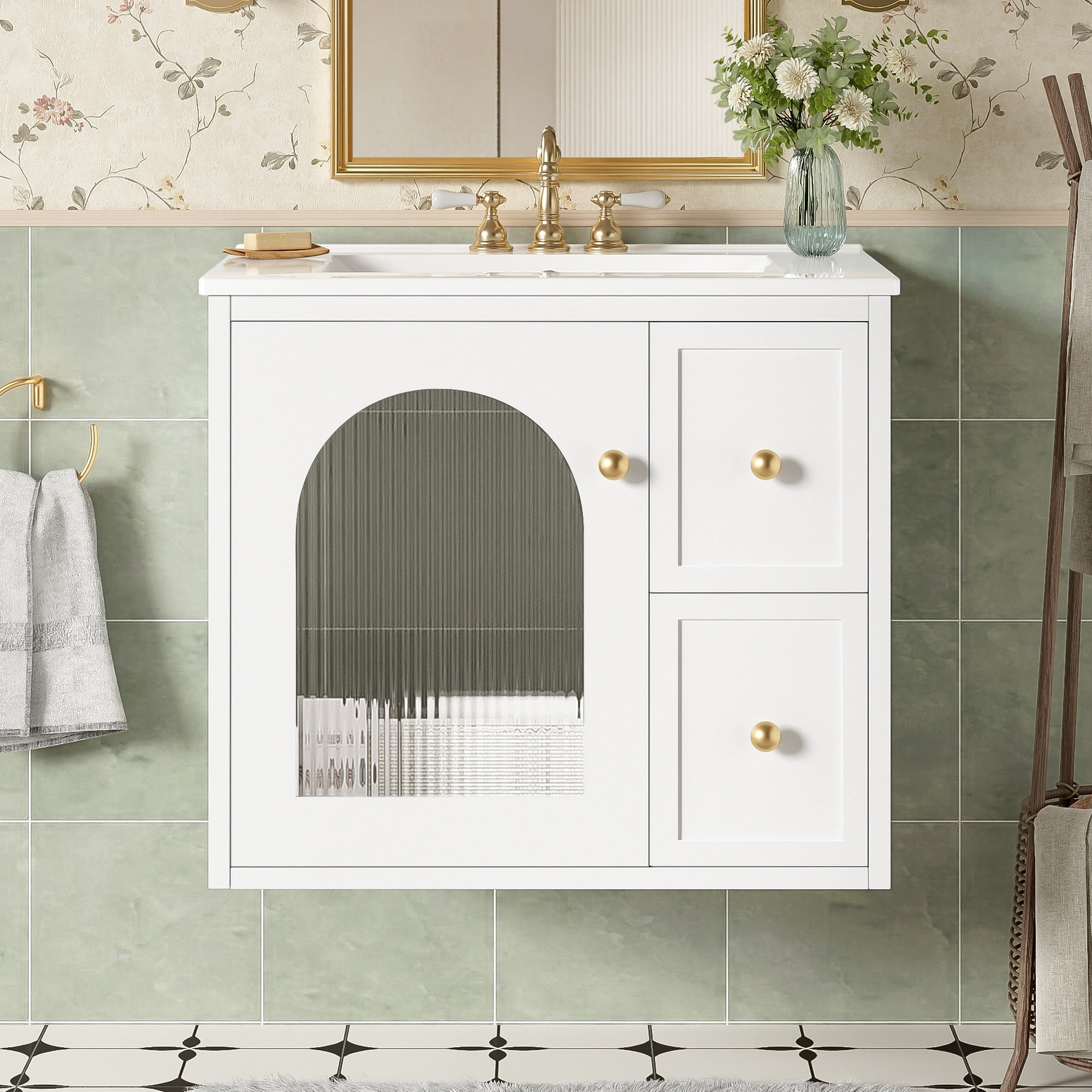 24 Bathroom Vanity Set Wall Mounted For Small Space Bathroom Cabinet With Ceramic Sink 2 Drawers And 1 Soft Close Door