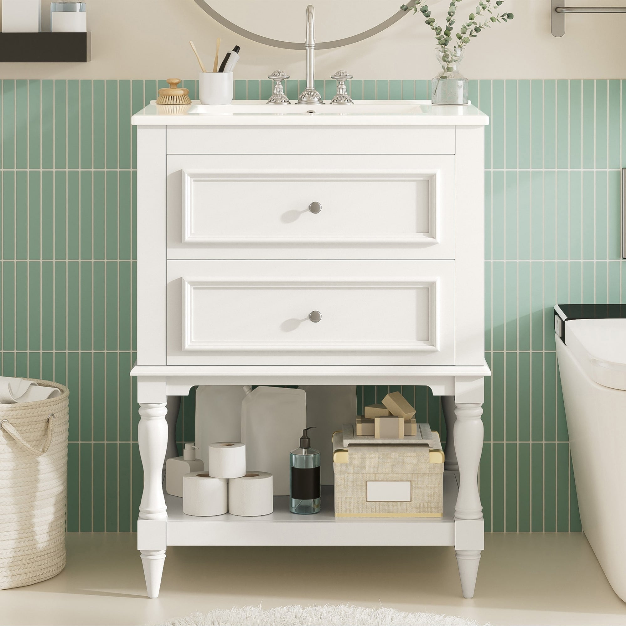 24 Bathroom Vanity With Ceramic Sink Bathroom Storage Cabinet With Open Shelf Retro Design Bathroom Cabinet With 2 Drawers