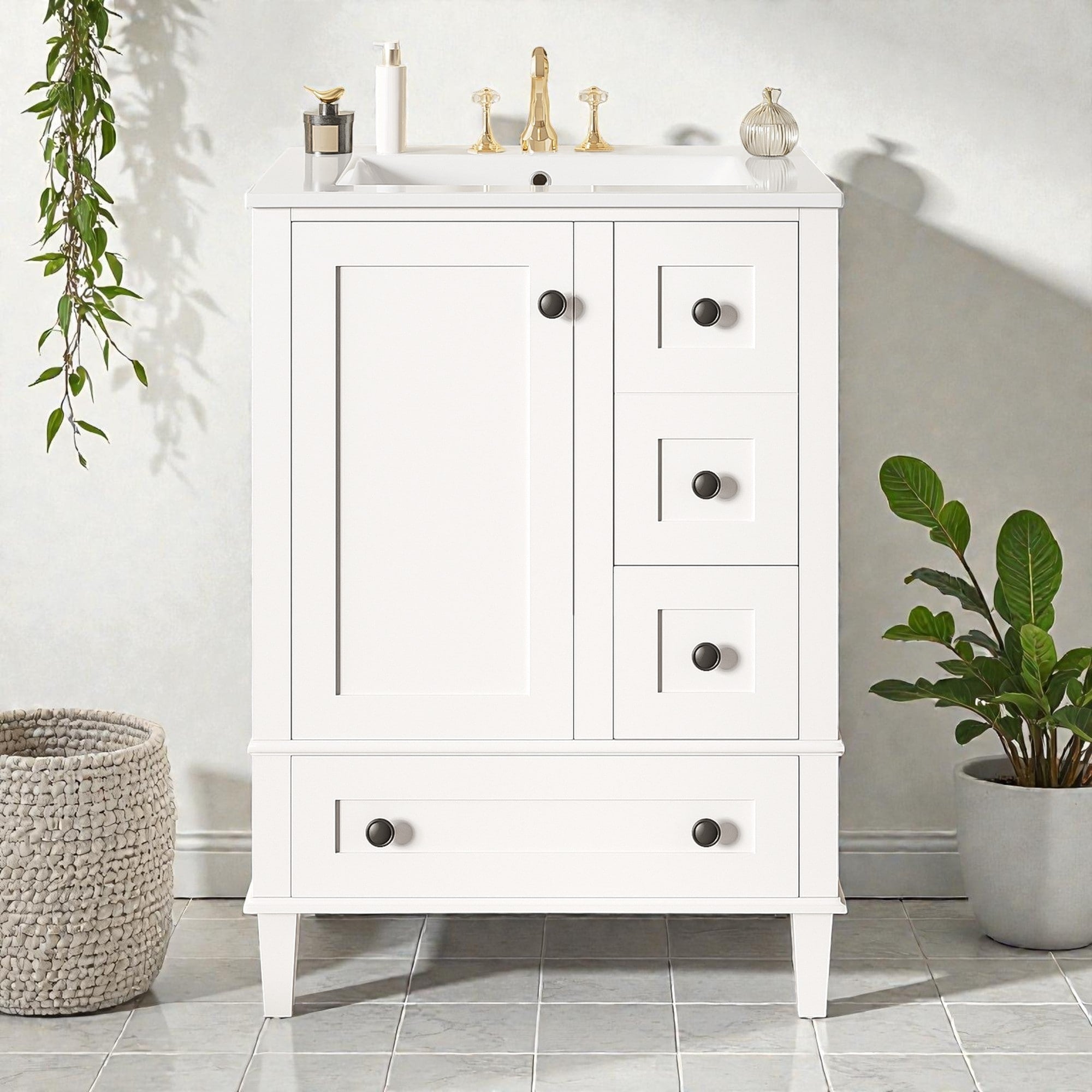 24 Bathroom Vanity With Integrated Ceramic Sink Soft Close Drawers And Door Cabinet With Door Storage Rack