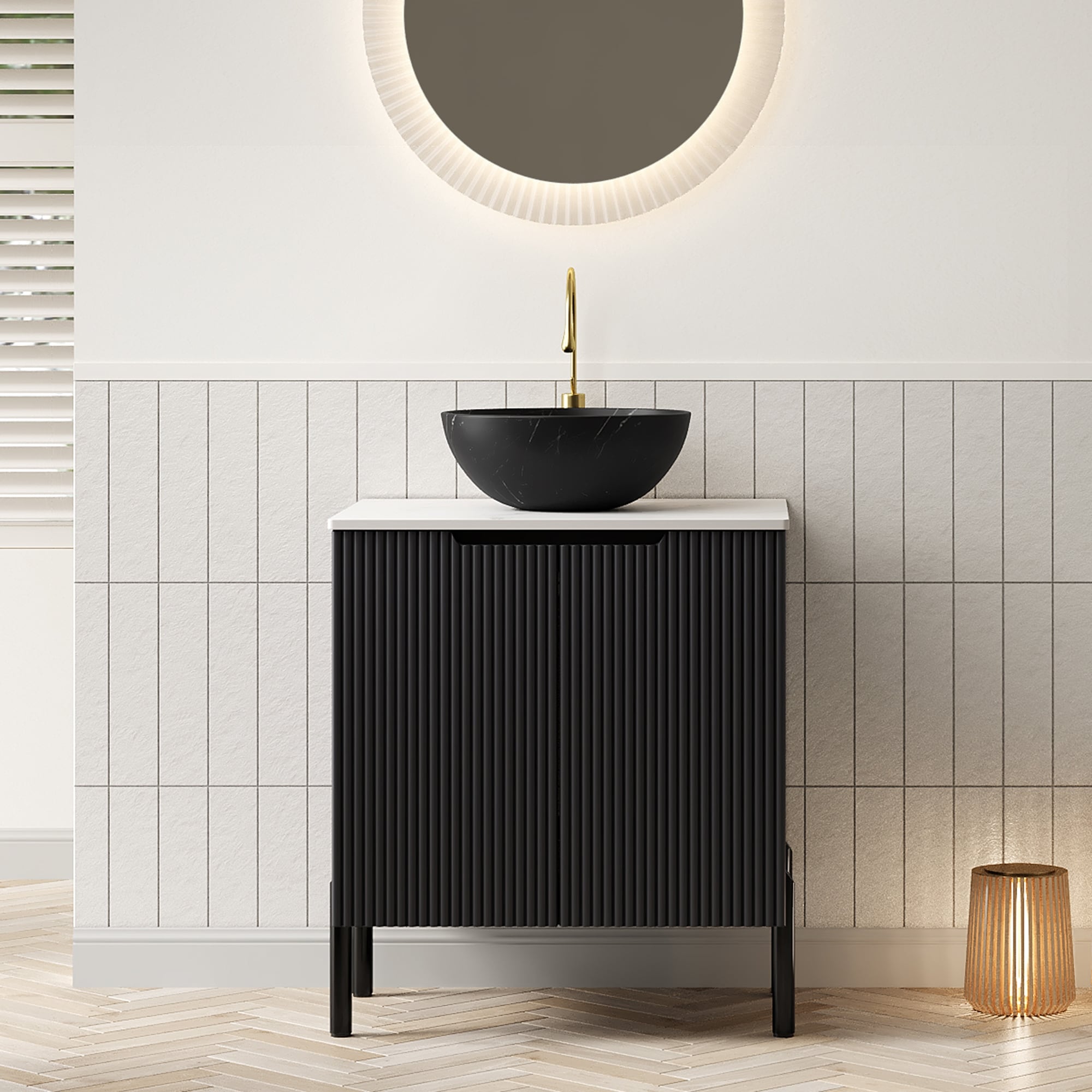 24 Bathroom Vanity With Sink Freestanding Bathroom Storage Cabinet With 2 Doors Black Bowl Ceramic Basin With Stone Pattern
