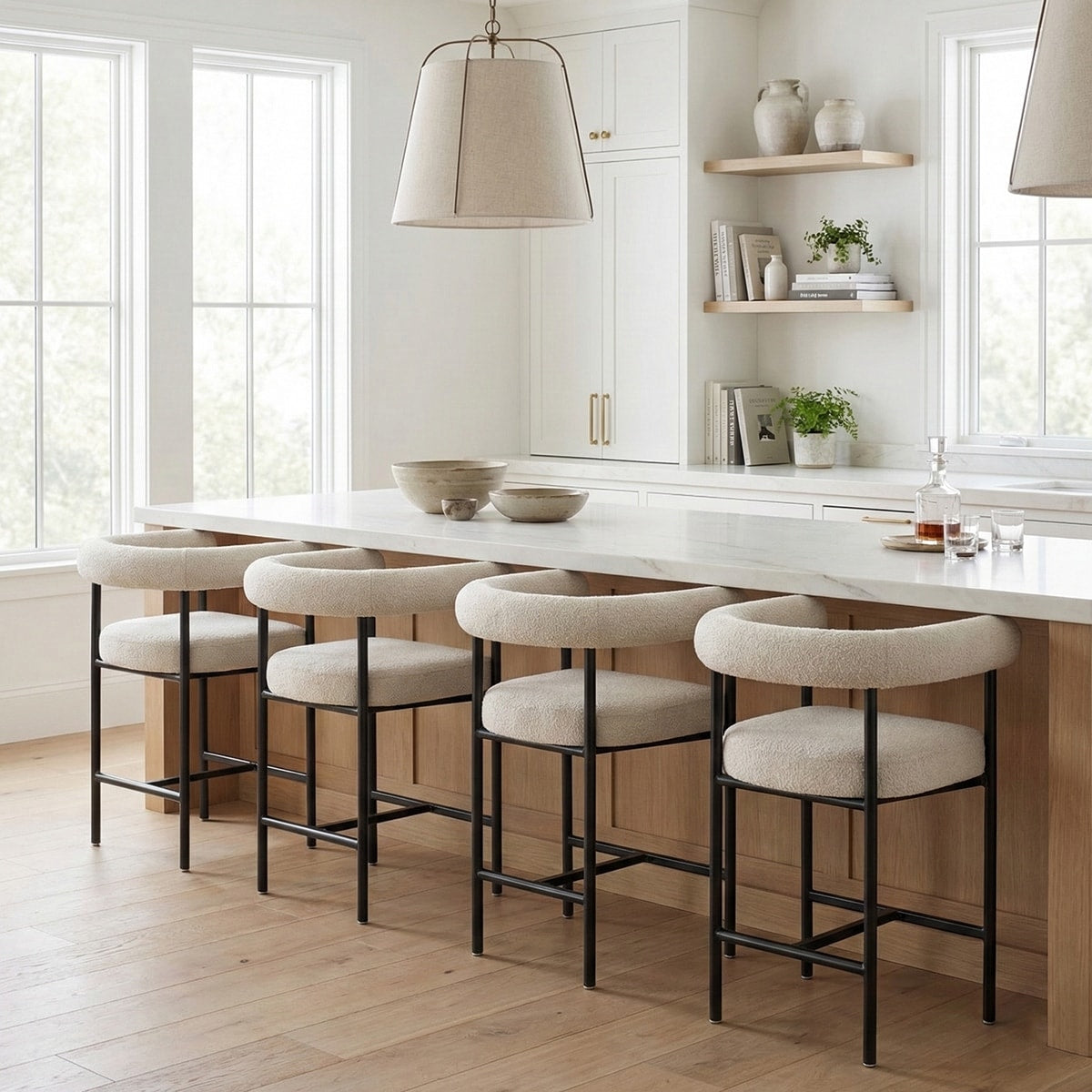 24 Boucle Upholstered Counter Stools With Arms Set Of 4