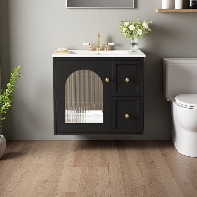 24 Floating Bathroom Vanity With Ceramic Basin Wall Hung Compact Sink Cabinet 1 Glass Door Storage Compartment