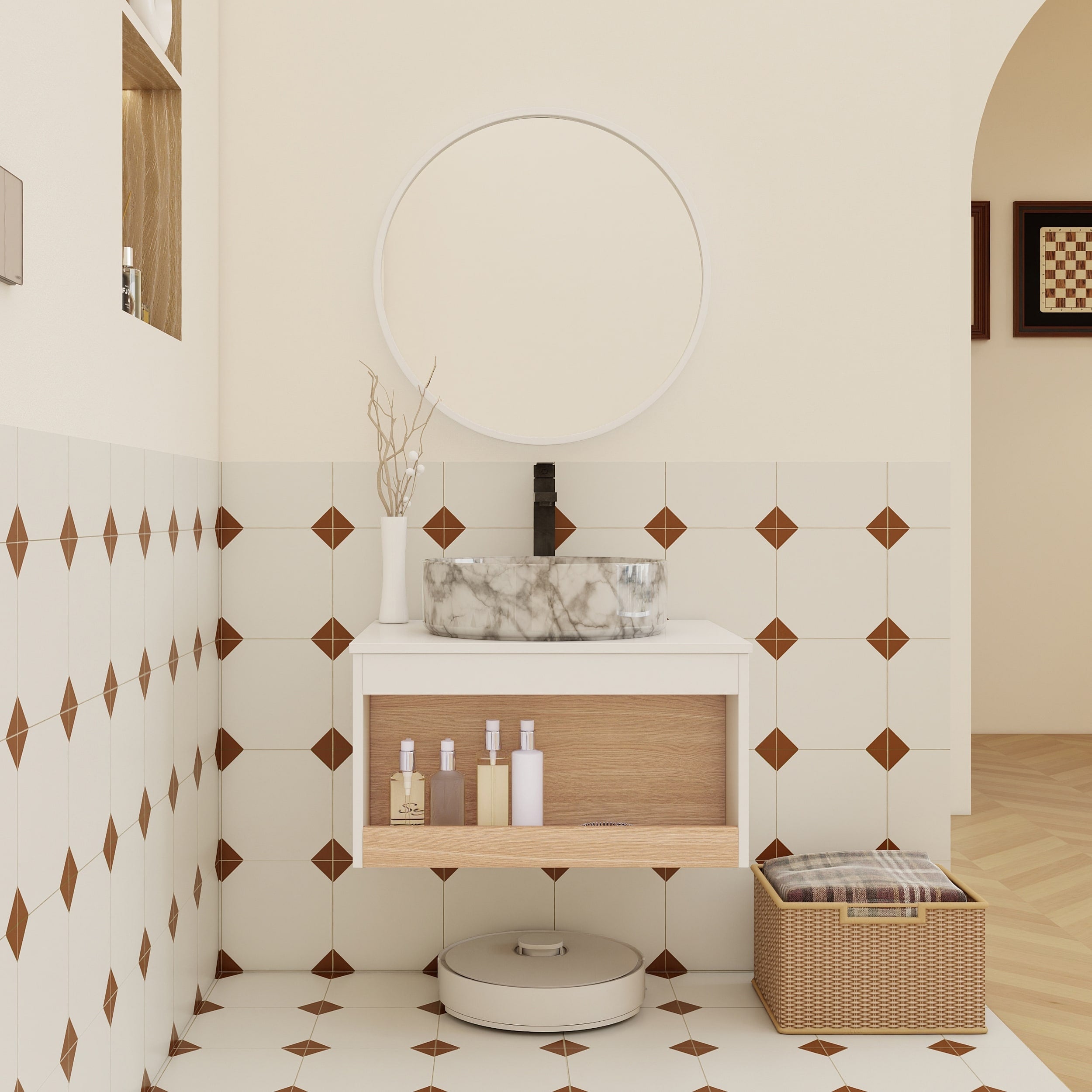 24 Floating Bathroom Vanity With Marble Vessel Sink Wall Mounted Vanity With Open Shelf Storage Space Saving Modern Design