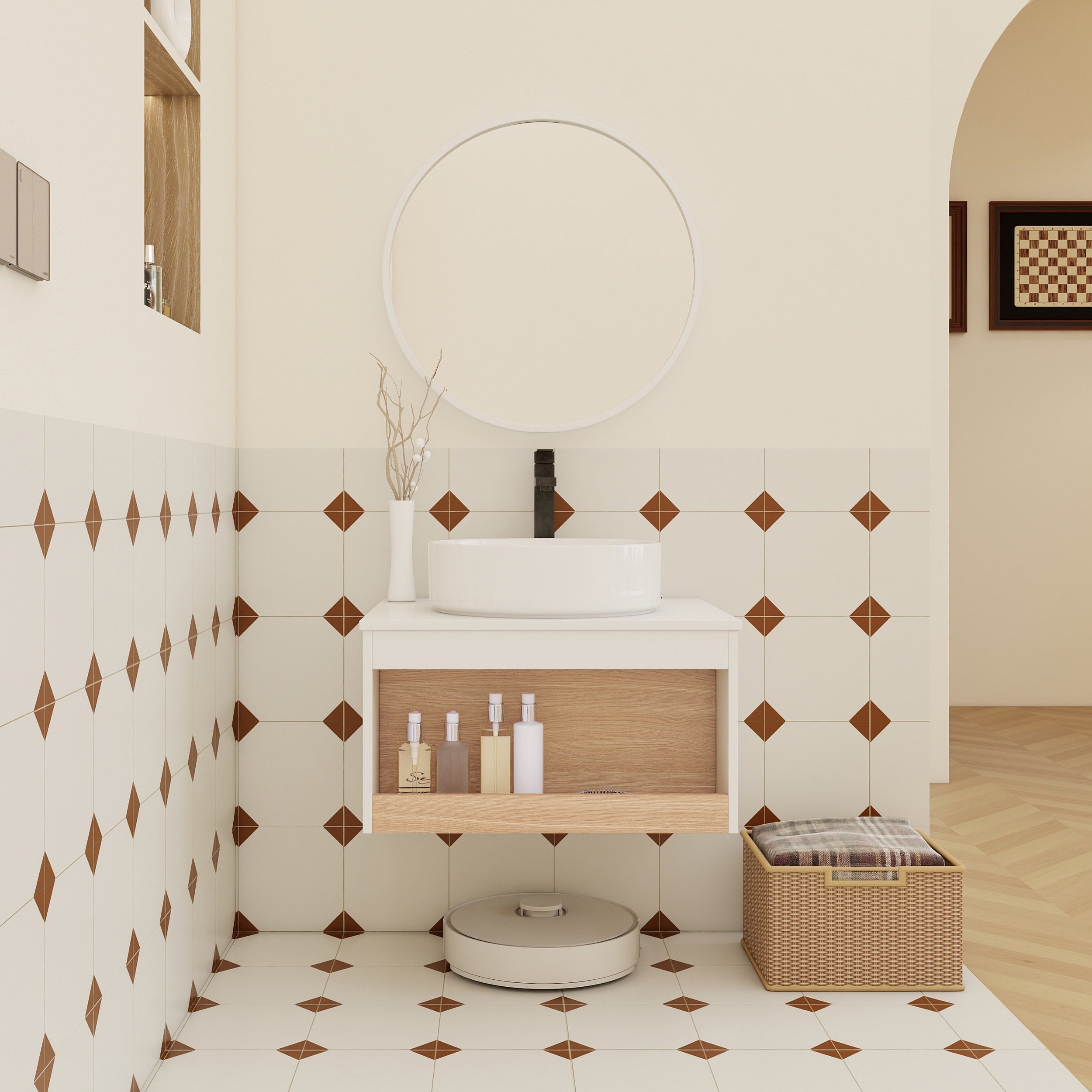 24 Floating Bathroom Vanity With Round Vessel Sink Wall Mounted Vanity With Open Shelf Storage Space Saving Modern Design