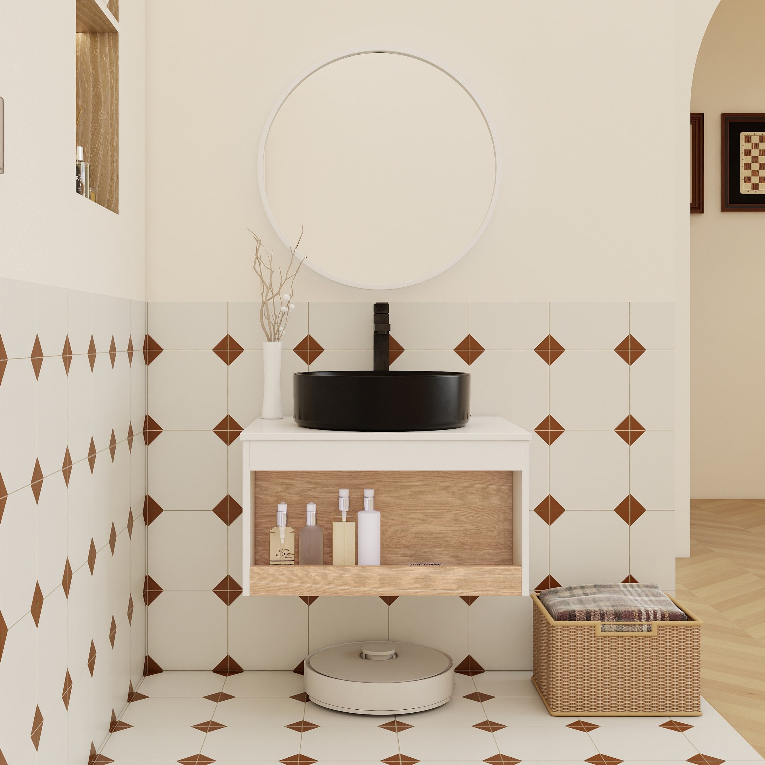 24 Floating Bathroom Vanity With Round Vessel Sink Wall Mounted Vanity With Open Shelf Storage Space Saving Modern Design