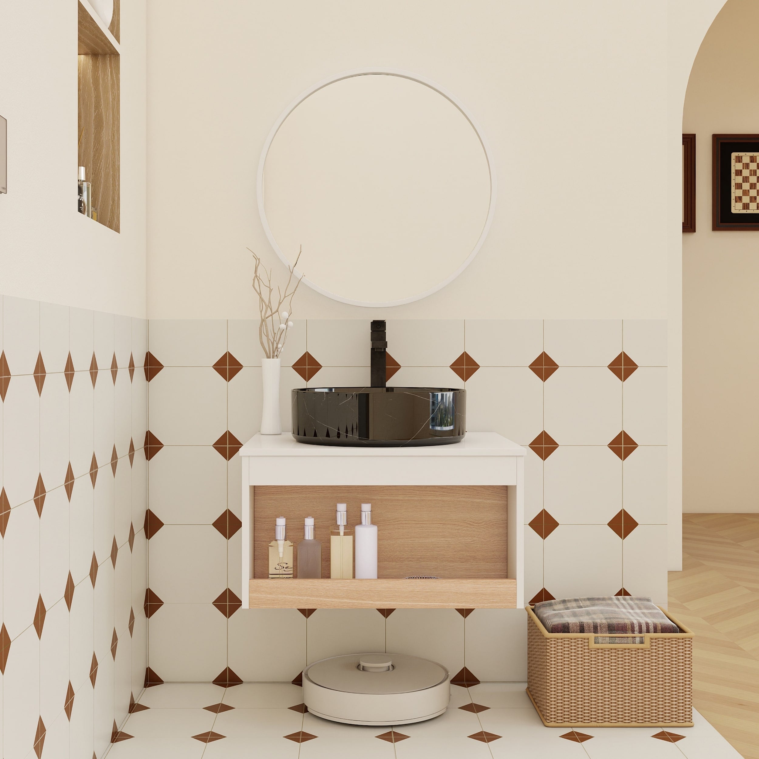 24 Floating Bathroom Vanity With Vessel Sink Wall Mounted Vanity With Open Shelf Storage Space Saving Modern Design