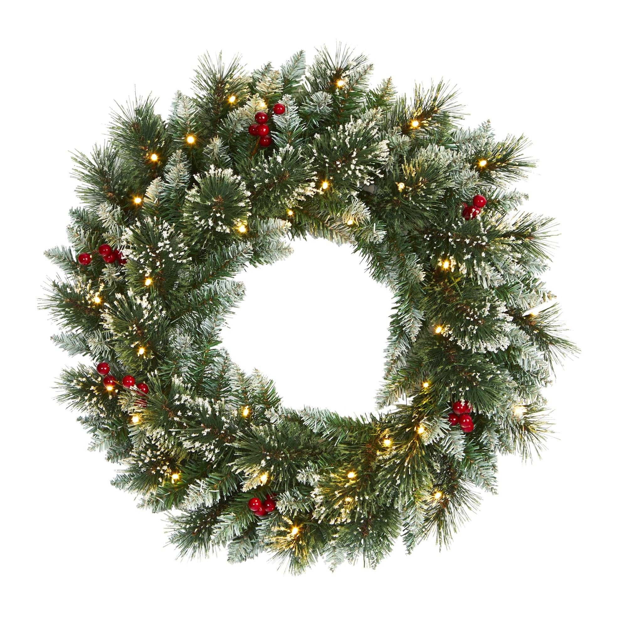 24 Frosted Swiss Pine Wreath With 35 Clear Led Lights And Berries
