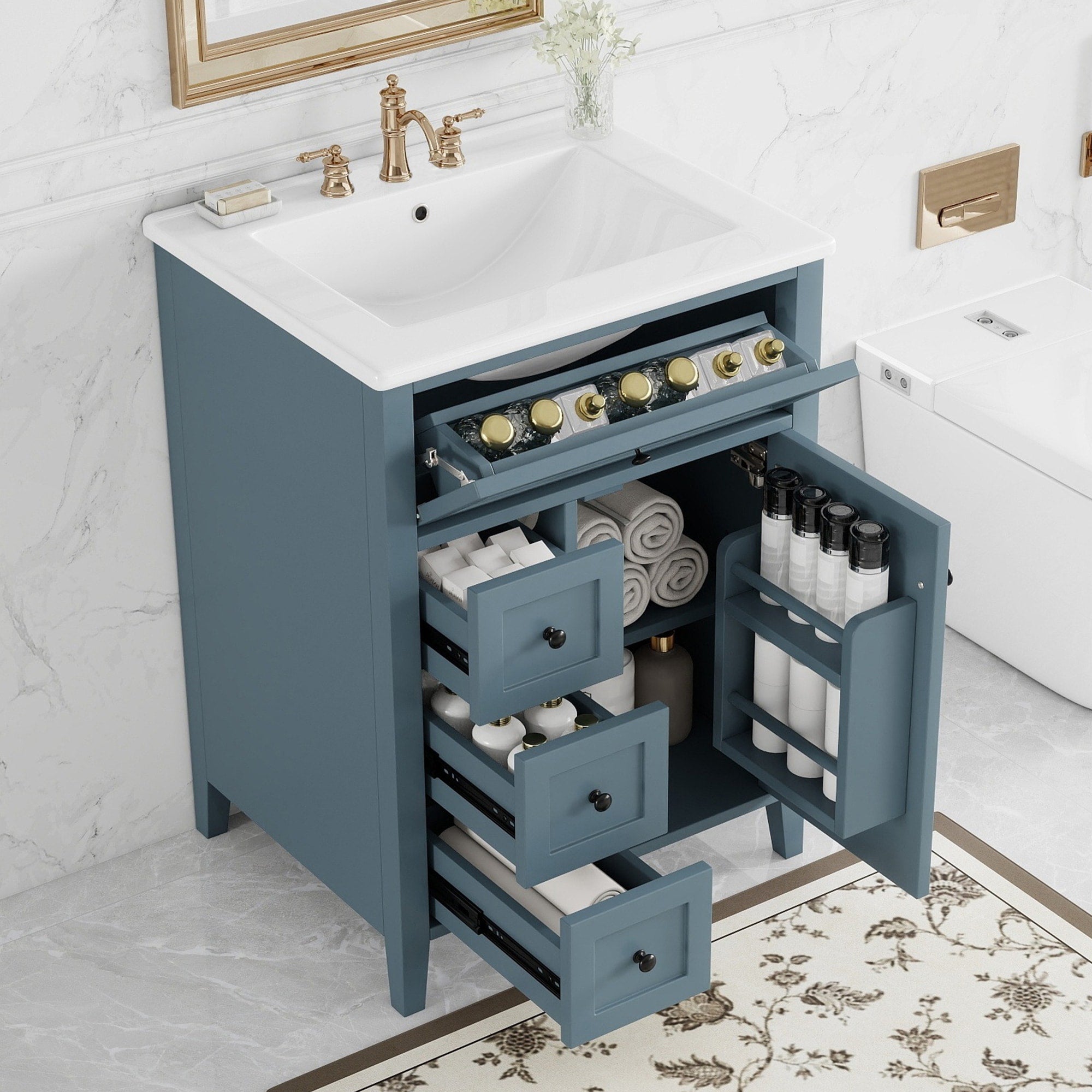 24 Gray Blue Bathroom Vanity With Sink Mdf Rubberwood Construction 3 Drawers Cabinet With Adjustable Shelves