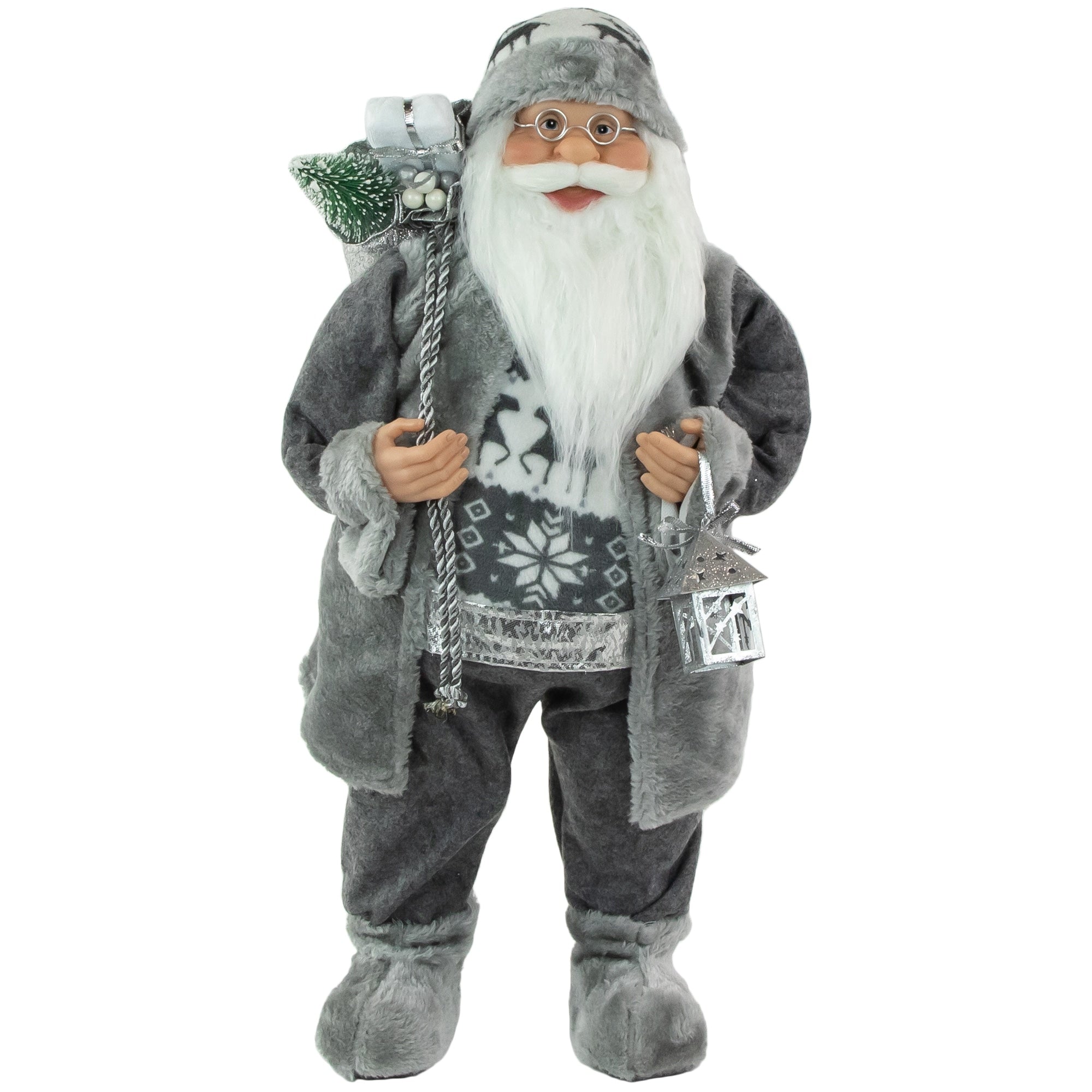 24 Alpine Chic Standing Santa Claus In Gray And White With A Bag And Lantern Christmas Figure