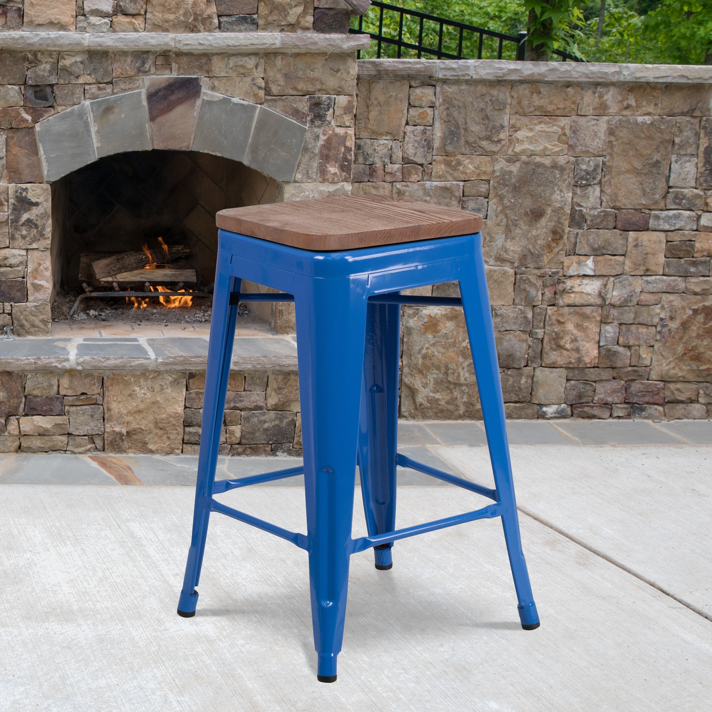 24 High Backless Metal Counter Height Stool With Square Wood Seat