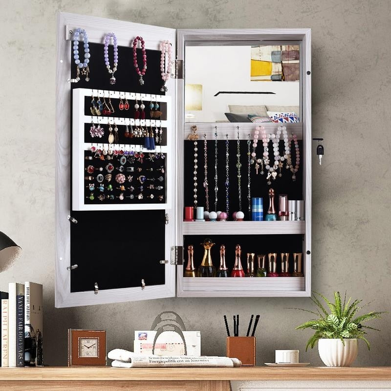 24 Lockable Storage Box Wall Mount Mirrored Jewelry Armoire Cabinet