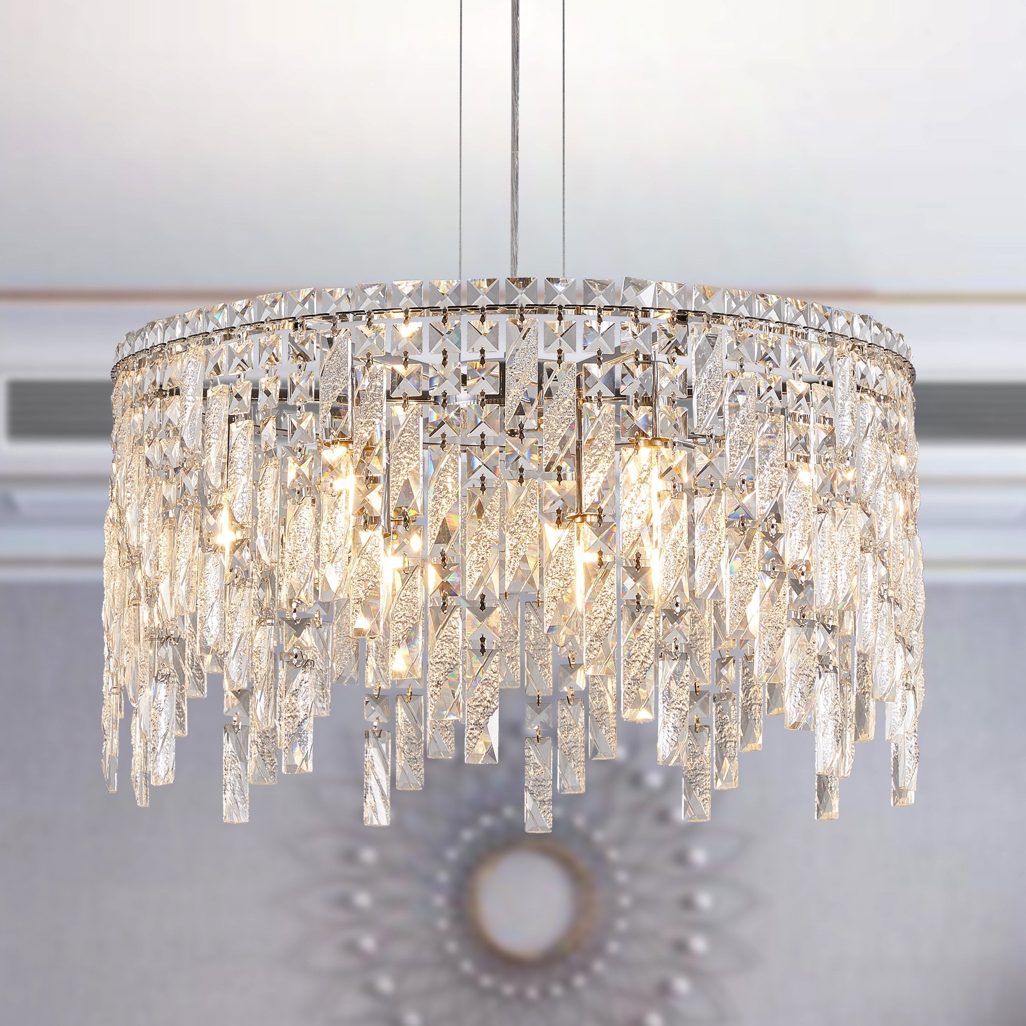 24 Luxurious Round Silver Crystal Chandelier Contemporary Rectangular Pendant Light And Grand Foyers Bulbs Not Included