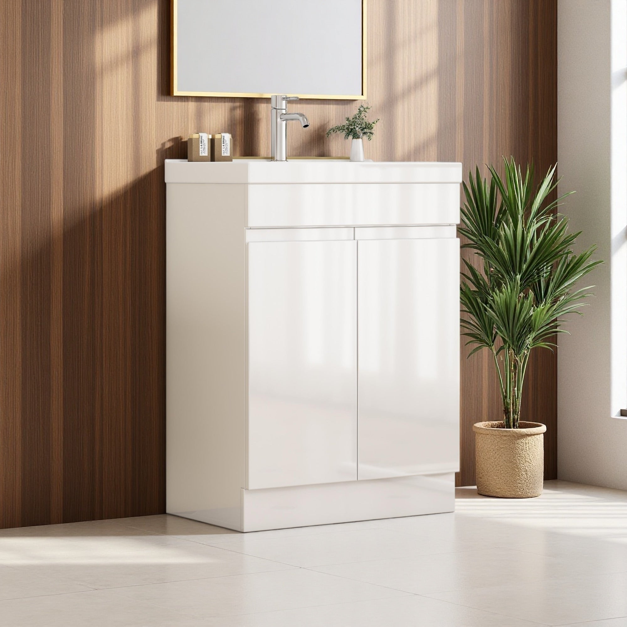 24 Mdf Water Resistant Bathroom Vanity With Unique Thick Edged Ceramic Sink Basin Soft Close System And Handle Free Design