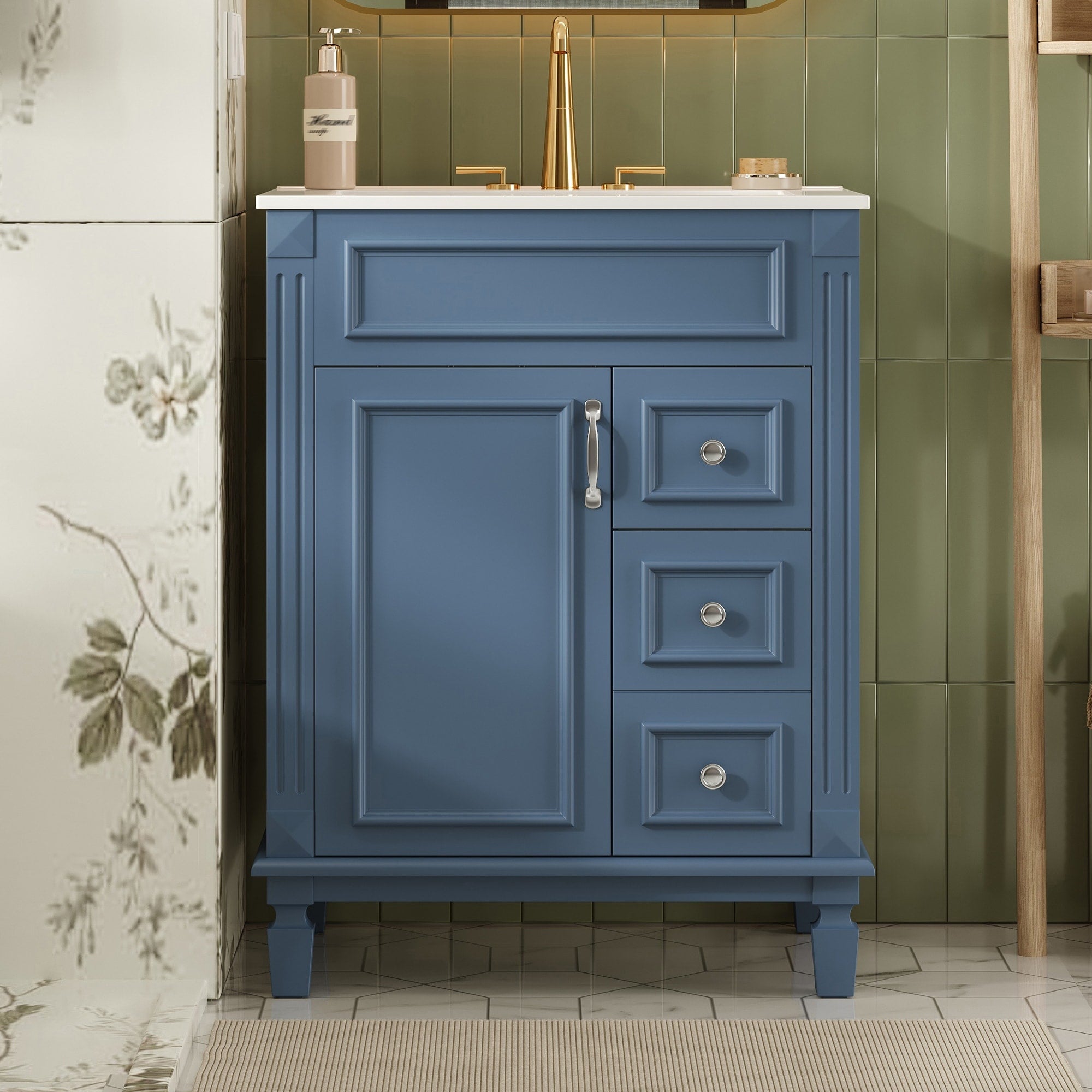 24 Modern Bathroom Vanity With Ceramic Sink Compact Sink Cabinet 2 Drawers Adjustable Shelf Blue