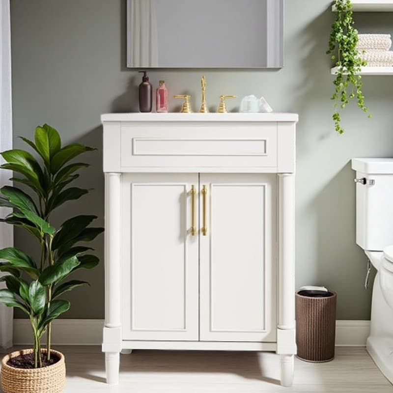 24 Modern Bathroom Vanity With Ceramic Sink Freestanding Compact Storage Cabinet With 2 Doors Adjustable Shelf