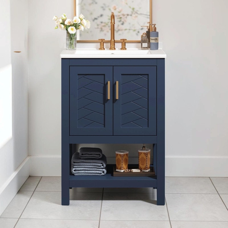 24 Modern Bathroom Vanity With Elegant Twill Design Soft Close Hinges Adjustable Shelf Storage Cabinet