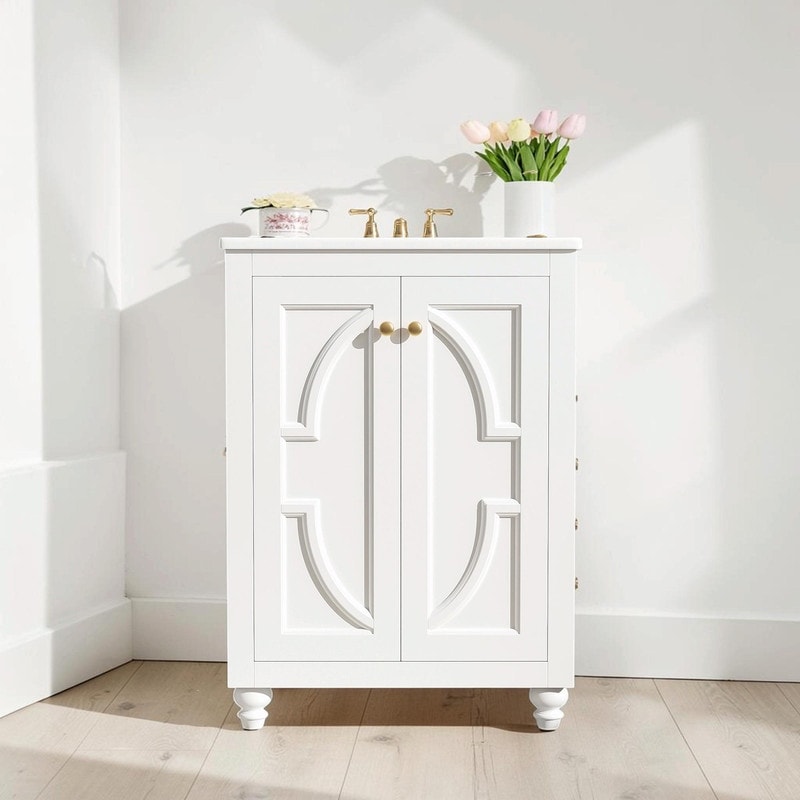 24 Modern Bathroom Vanity With Ornate Elliptical Motif Soft Close Hinges French Style Ball Turned Legs