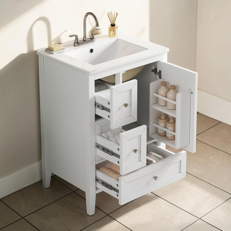 24 Modern Bathroom Vanity Ceramic Sink Solid Wood Legs Soft Close Storage