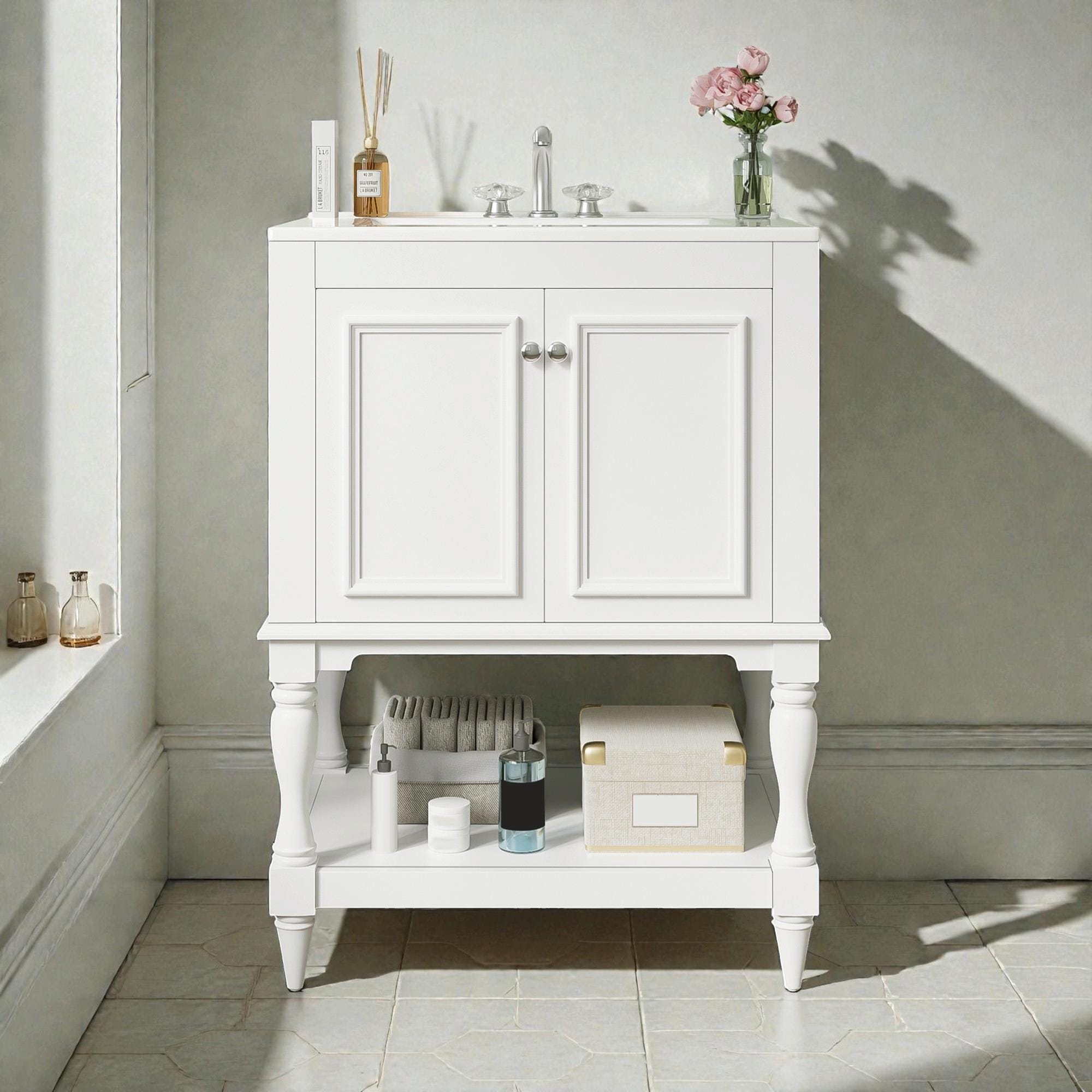 24 Modern Luxury Bathroom Vanity With Ceramic Sink Freestanding Cabinet With Open Shelf And Enclosed Storage