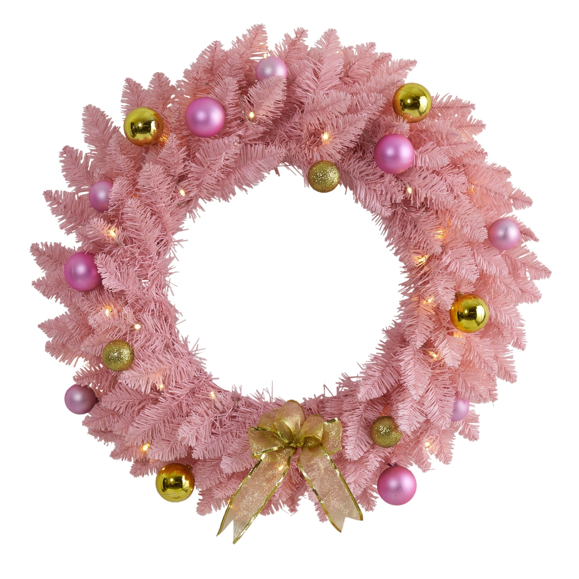 24 Pink Christmas Wreath With 35 Led Lights And Ornaments