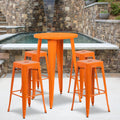 24 Inch Round Metal Indoor Outdoor Bar Table Set With 4 Square Seat Backless Barstools