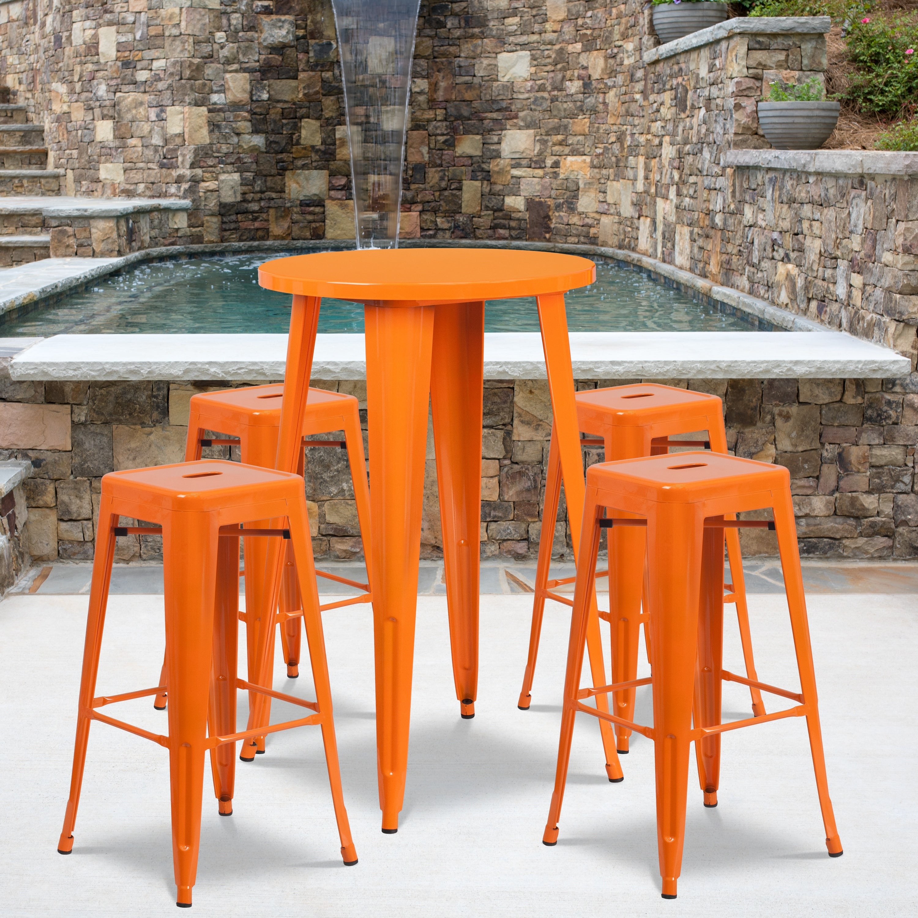 24 Inch Round Metal Indoor Outdoor Bar Table Set With 4 Square Seat Backless Barstools