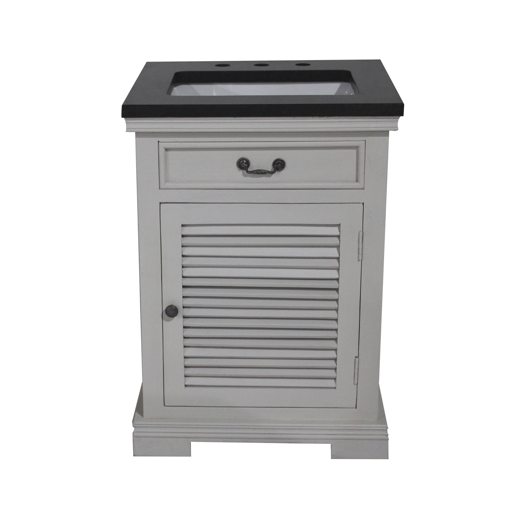 24 Single Door Vanity In White Finish And Black Granite Top