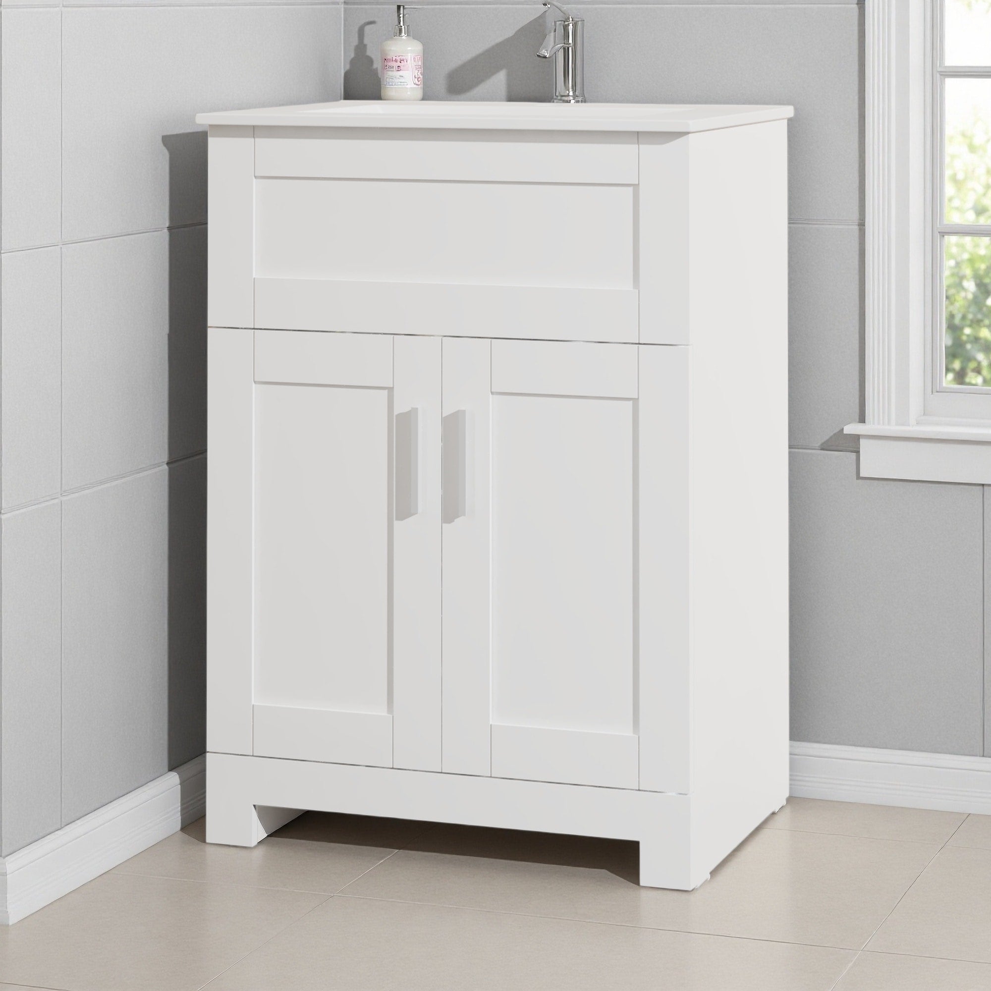 24 Sink Bathroom Vanity Laundry Cabinet Combo White Mdf With Ceramic Sink Spacious Storage Eco Friendly Easy Assembly