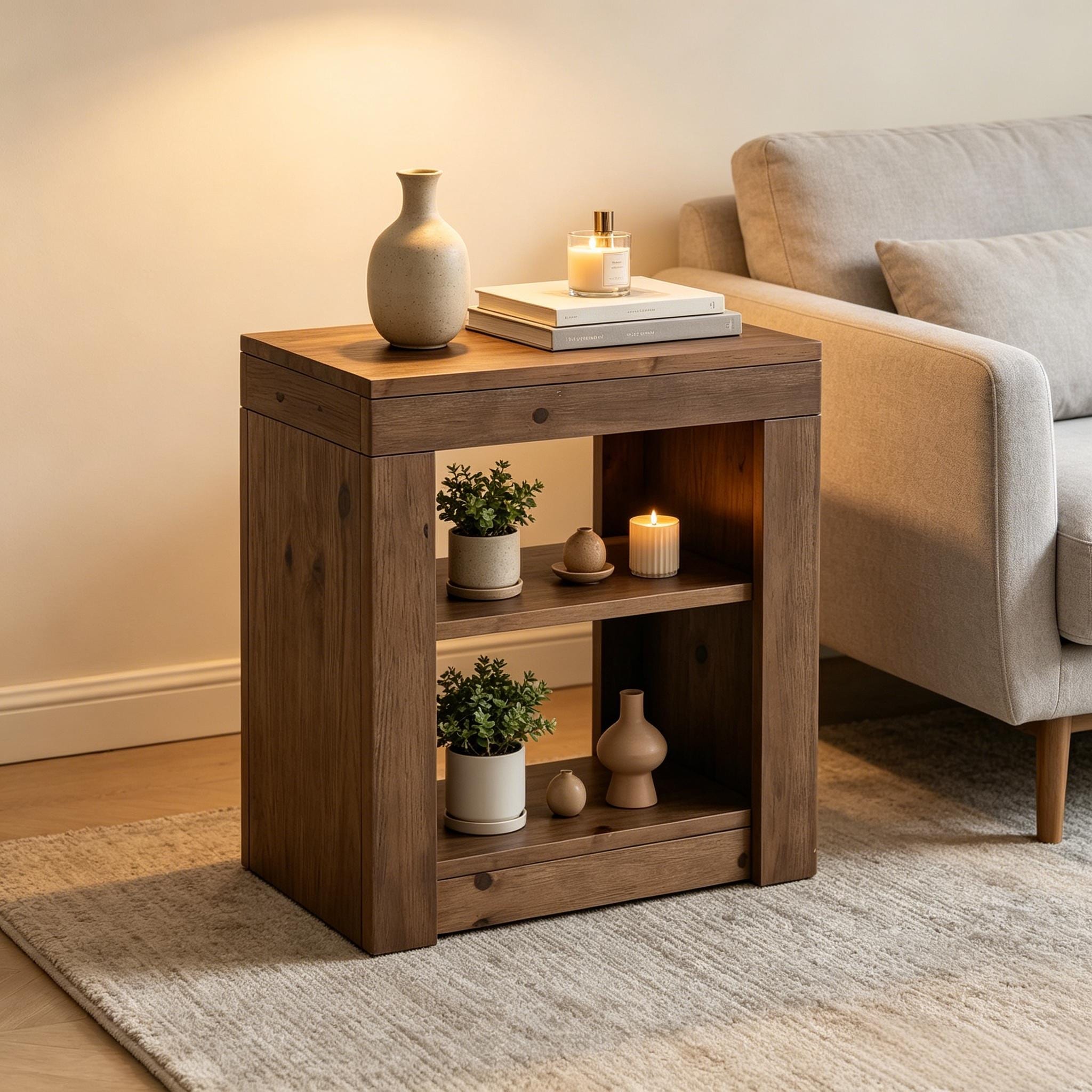 24 Solid Wood End Table With 2 Shelves Farmhouse