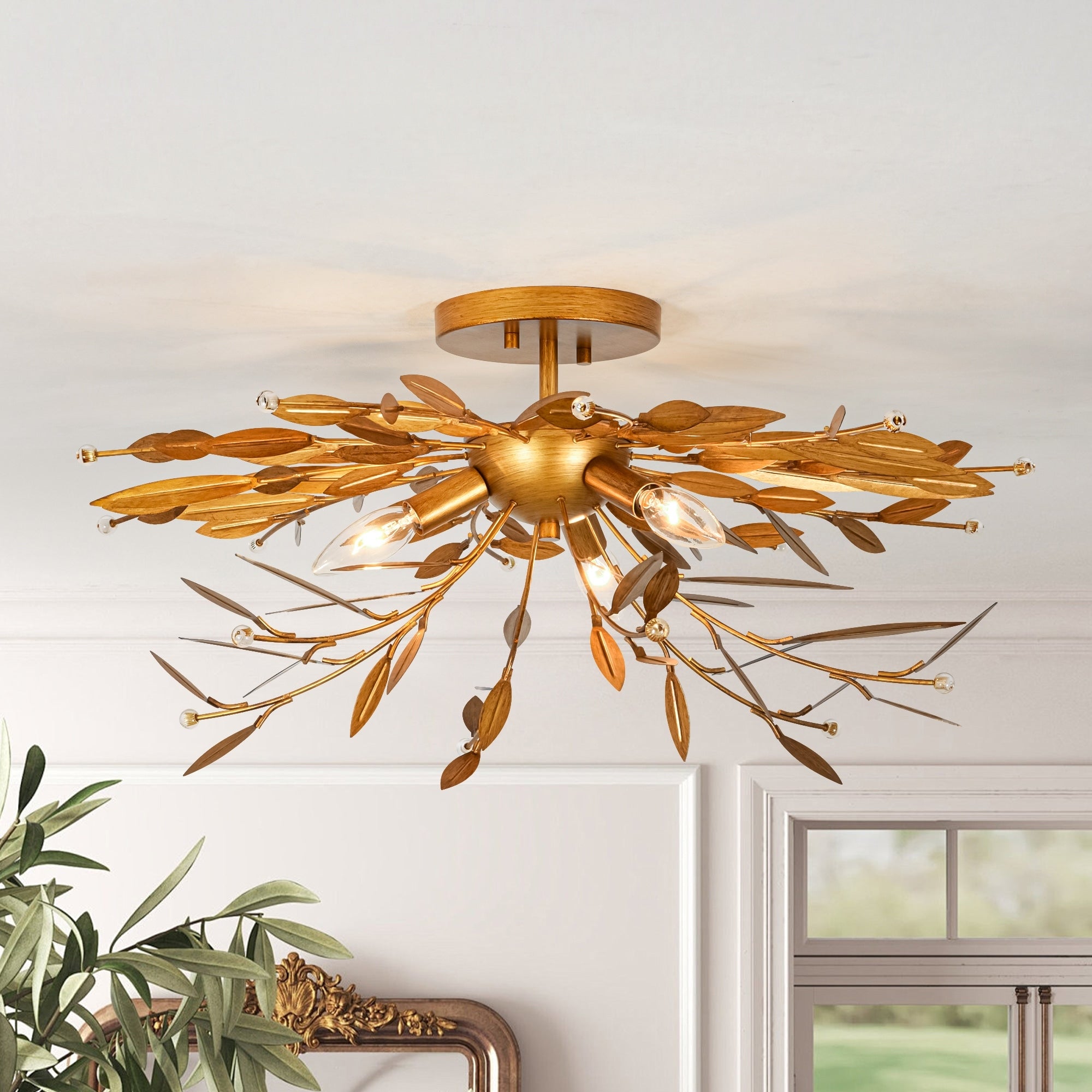 24 W Mid Century Antiqued Gold Branches Leaf Design Semi Flush Mount Ceiling Light With Crystal Beads For Living Room Bedroom