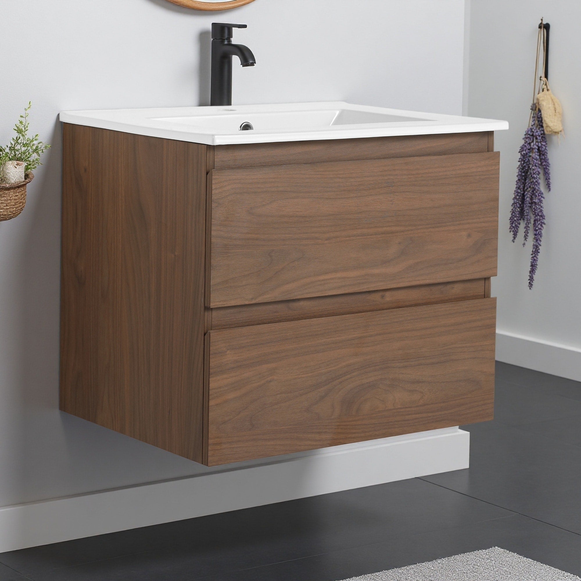 24 Wall Mounted Bathroom Vanity With Ceramic Sink 2 Soft Close Drawers Eco Friendly Plywood Base Kd Package