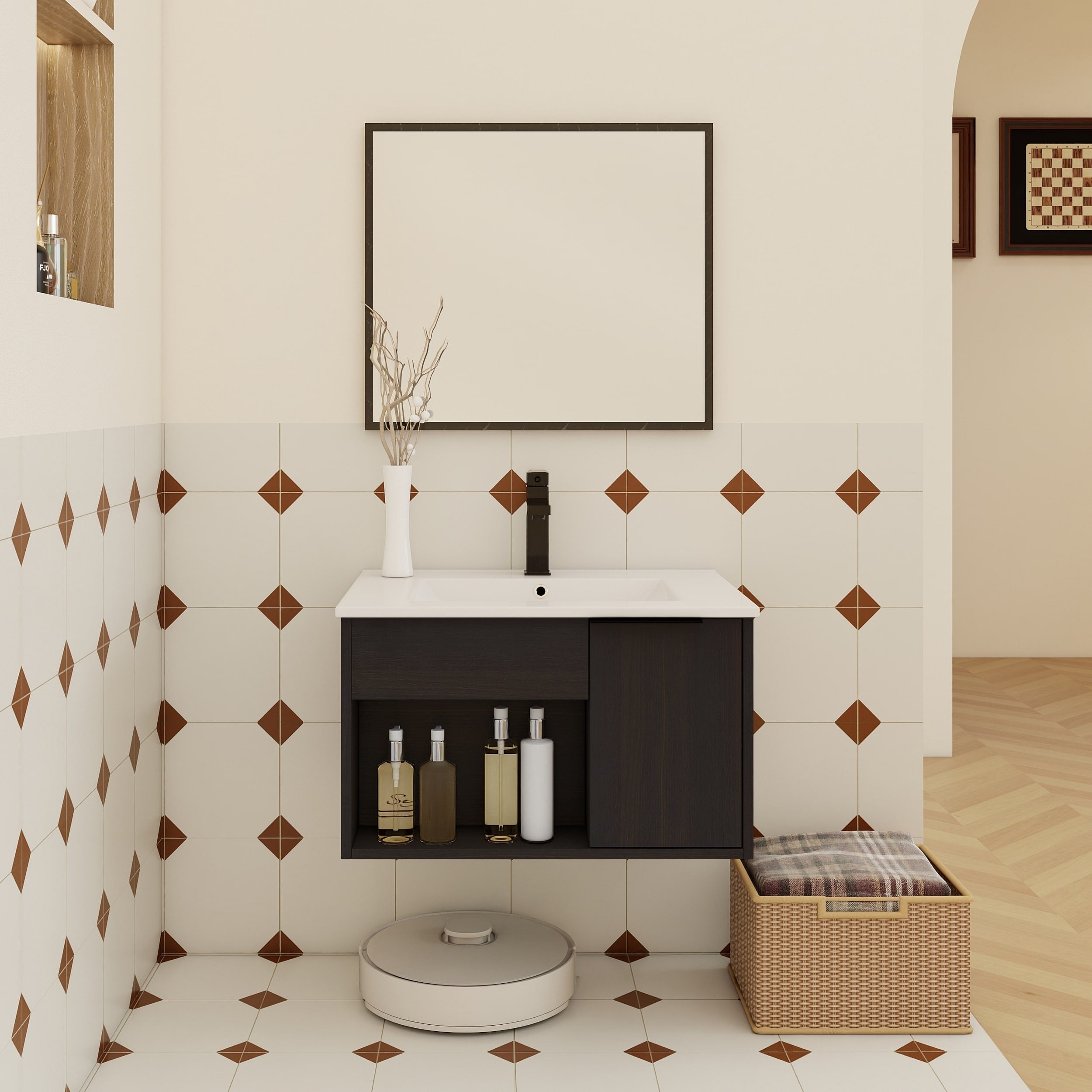 24 Wall Mounted Floating Bathroom Vanity With Ceramic Sink With Open Shelf Soft Close Door Faucet Drain Not Included