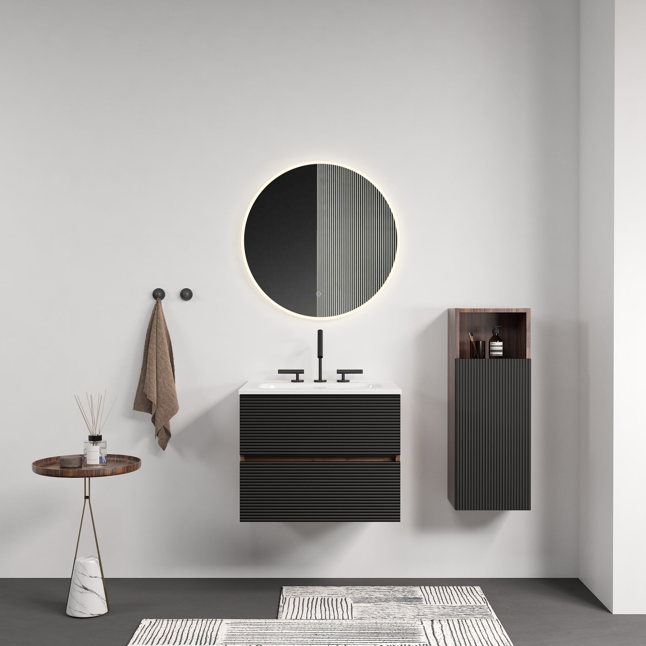 24 Wall Mounted Soft Black Walnut Bathroom Vanity With Integrated Ceramic Sink With Overflow With 3 Holes
