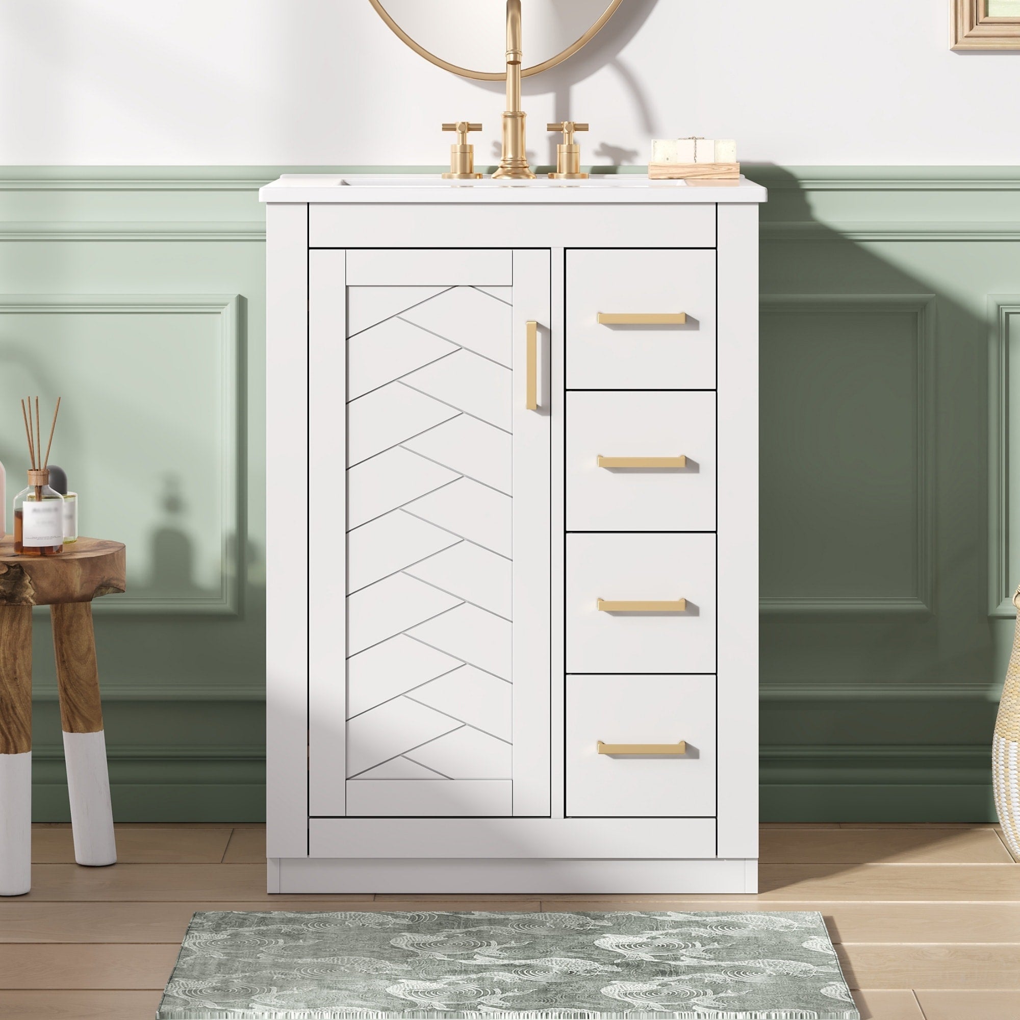 24 White Single Sink Bathroom Vanity W Integrated Ceramic Sink 1 Door Cabinet 3 Drawers