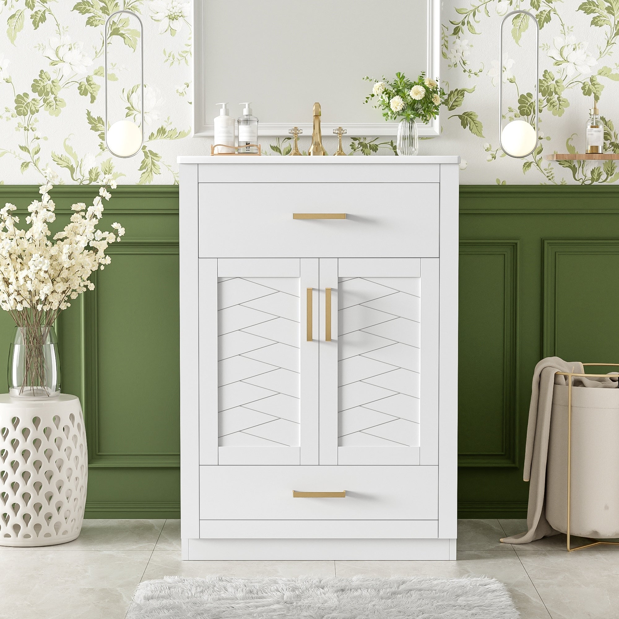 24 White Single Sink Bathroom Vanity W Integrated Ceramic Sink 2 Door Cabinet Tip Out Drawer