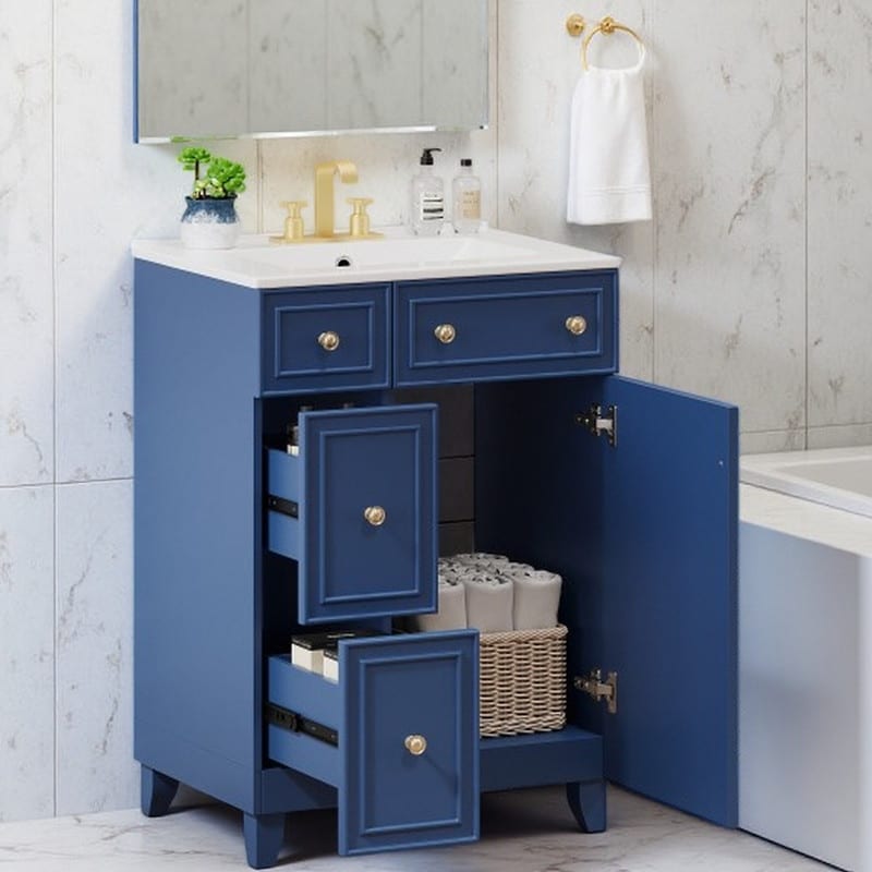 24 Bathroom Vanity With Ceramic Sink Top Freestanding Cabinet With 2 Drawers Soft Close Door Solid Wood Feet Frame
