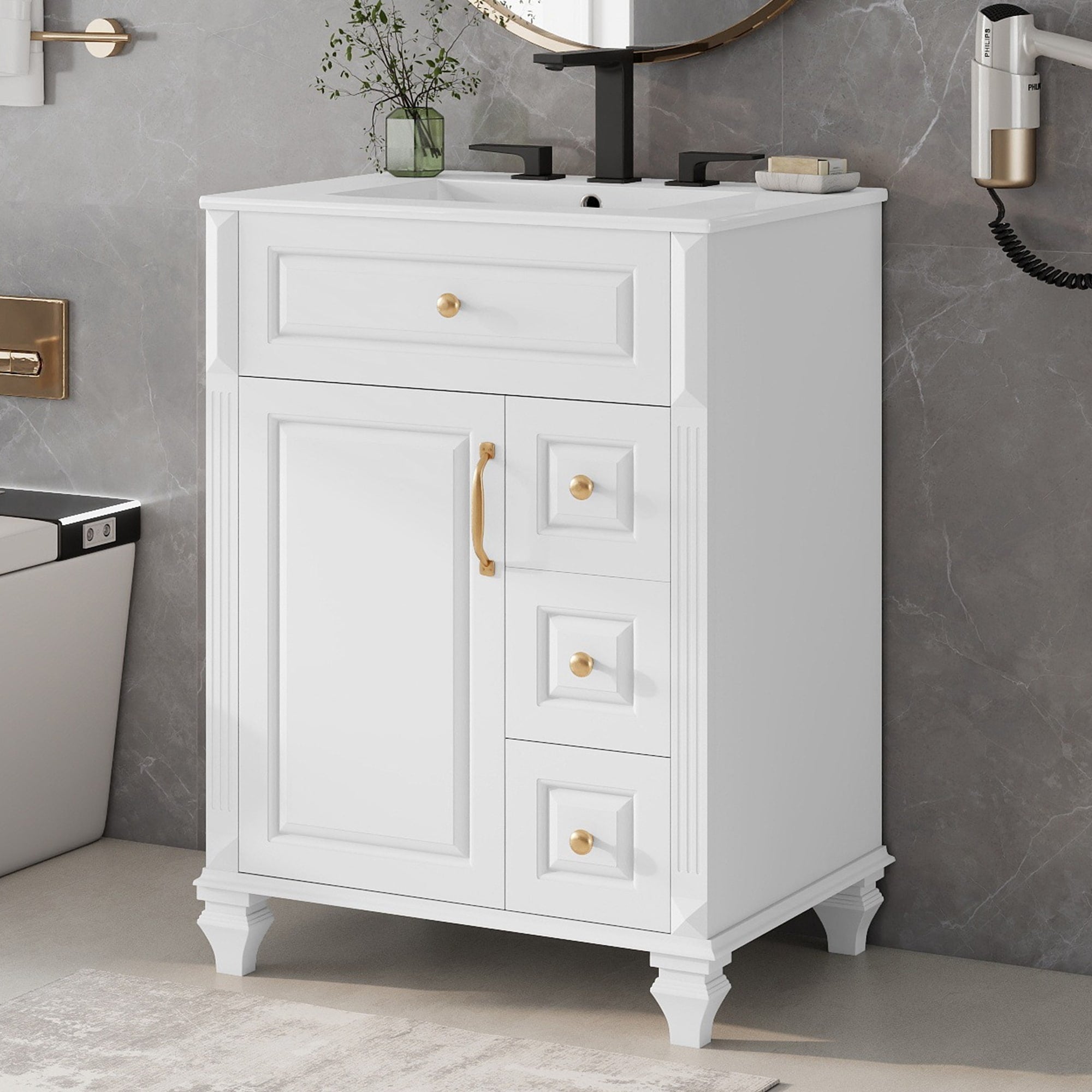 24 Bathroom Vanity With Sink Freestanding Vanity Cabinet With Flip Out Drawer 3 Drawers Storage Cabinet Ceramic Sink Top