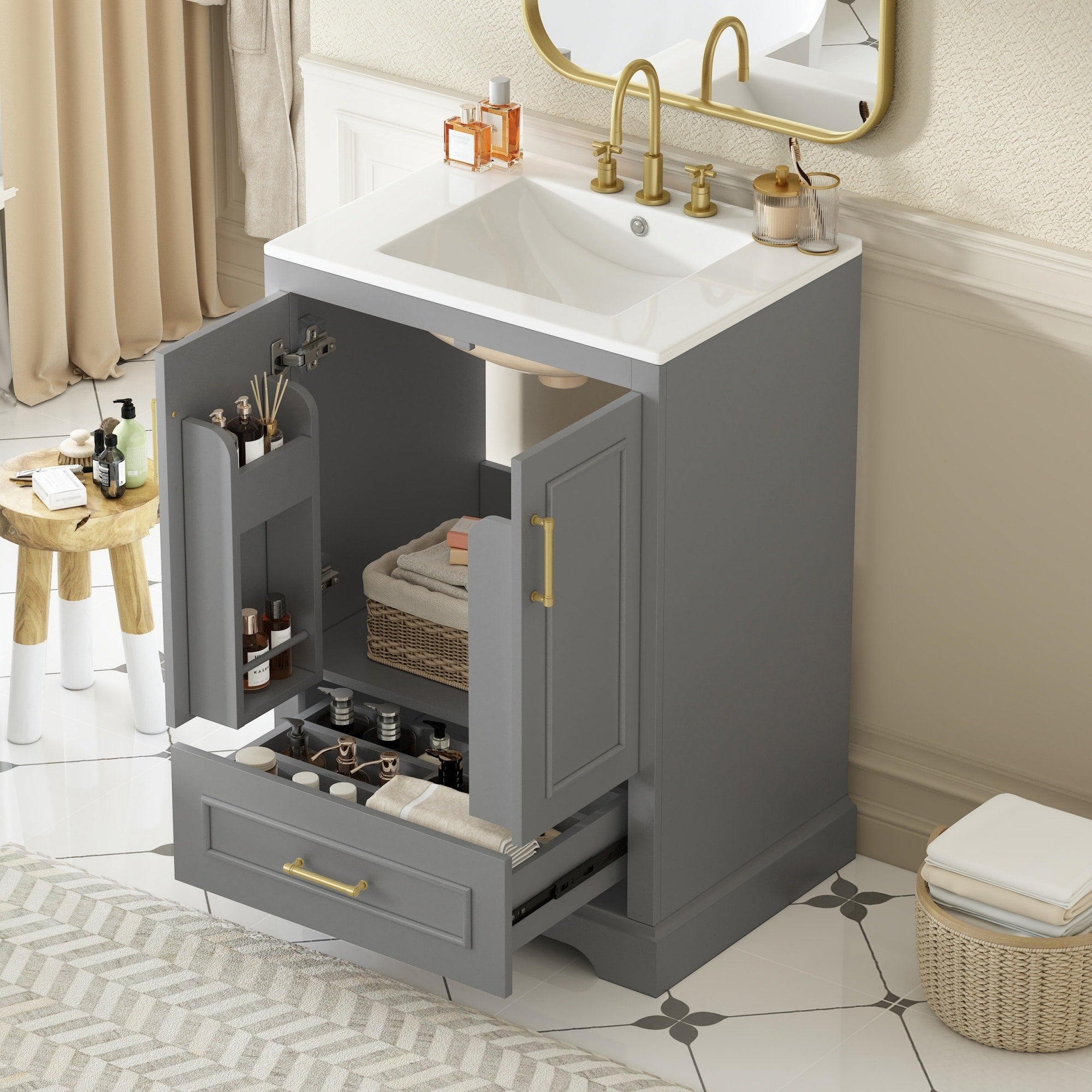 24 Bathroom Vanity With Sink Solid Wood Frame 1 Divided Drawer And 2 Soft Close Doors With Double Shelf On The Door