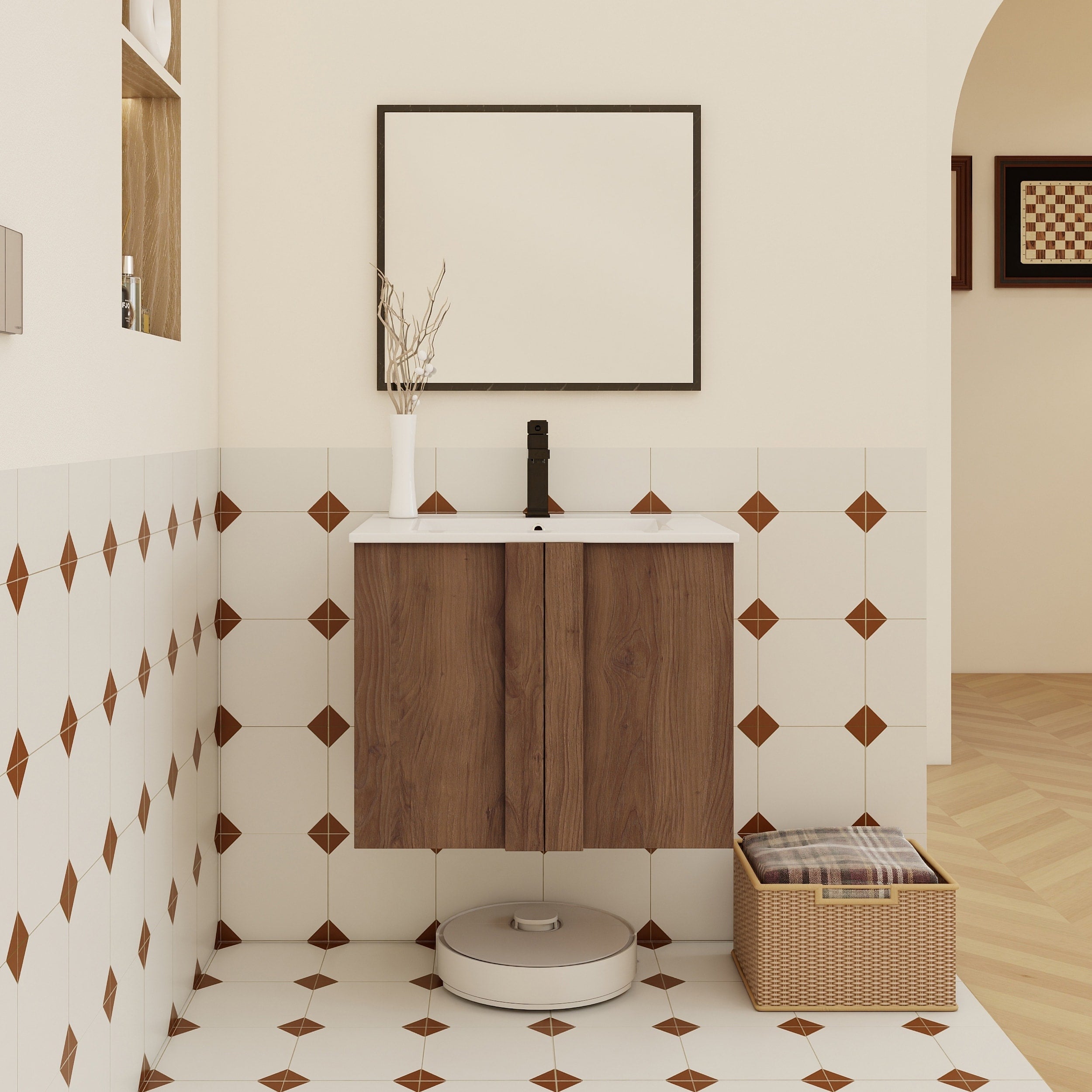 24 Floating Bathroom Vanity With Sink Combo Wall Mounted Brown Ebony Cabinet Soft Close Doors Space Saving Modern Vanity Set