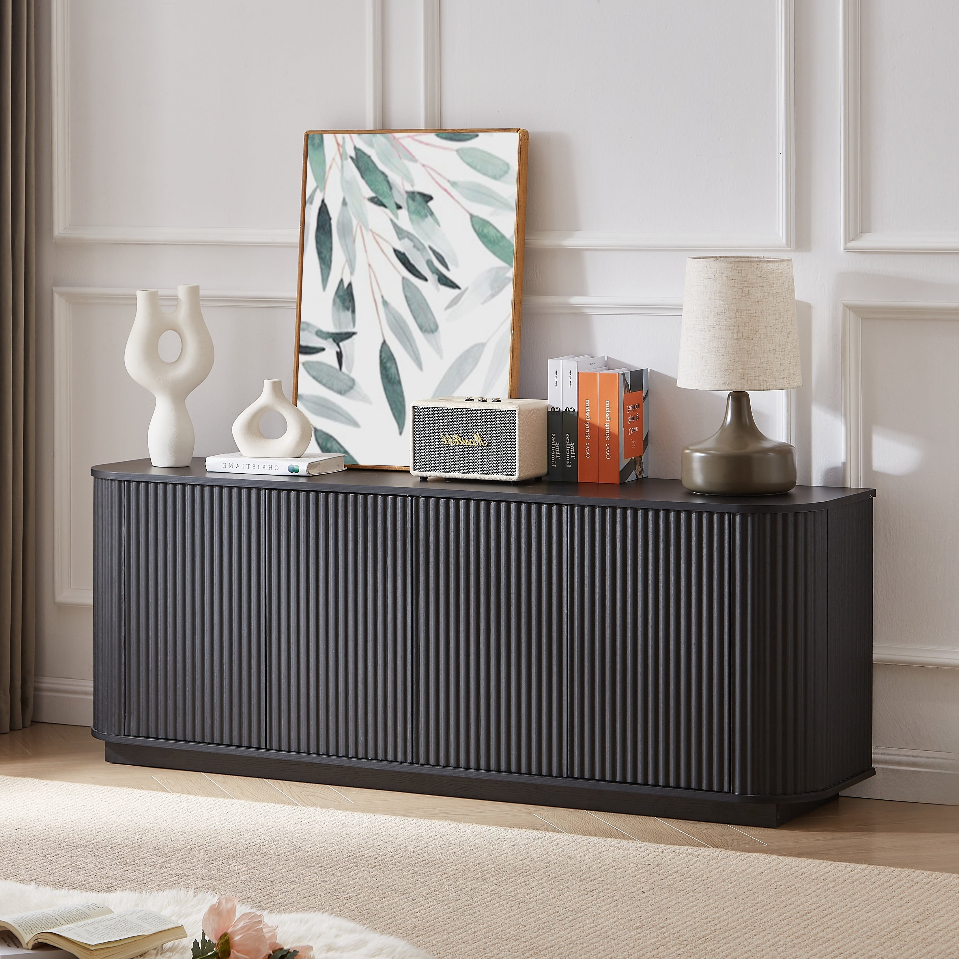 24 H Sideboard Storage Cabinet Tv Stand With Wave Pattern Buffet Cabinet Wooden Vertical Striped Cabinet For Bedroom
