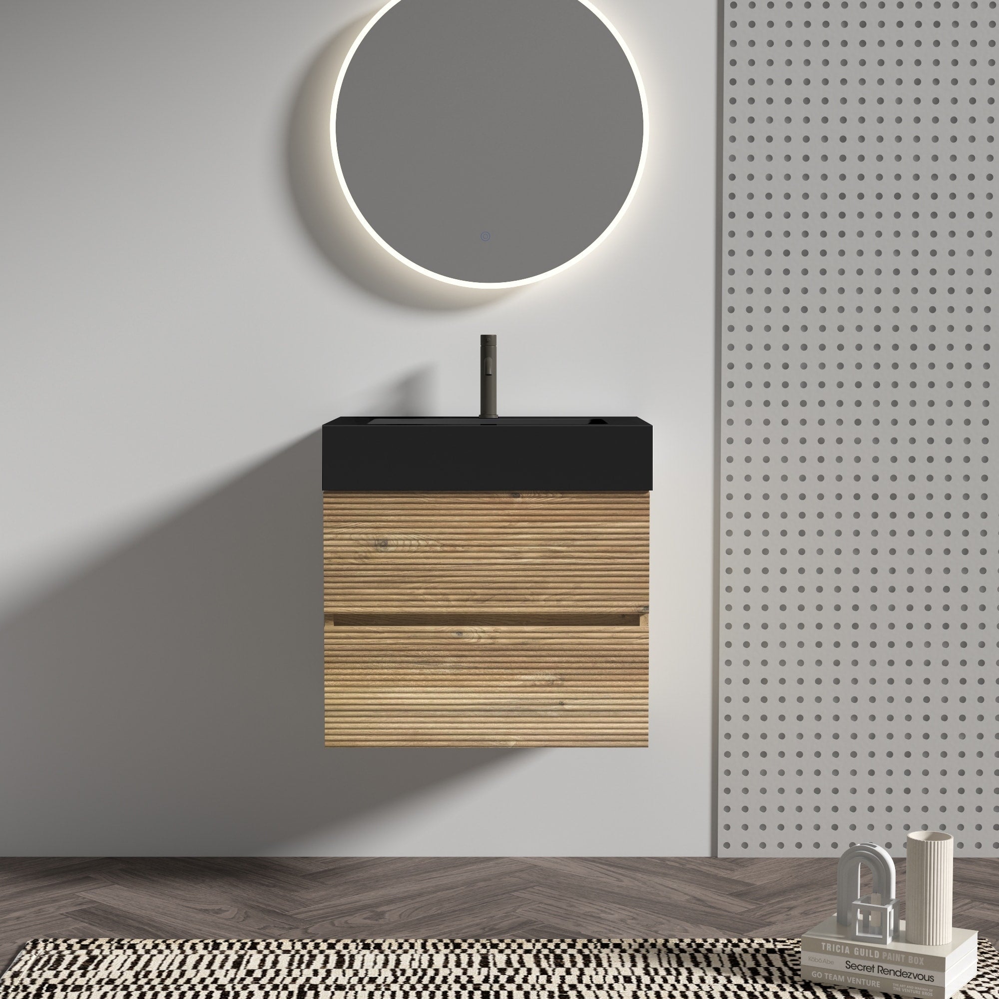 24 Inch Bathroom Vanity With Oak Engineered Quartz Sink And Soft Black Drawers One Piece Matt Basin Without Drainage And Faucet
